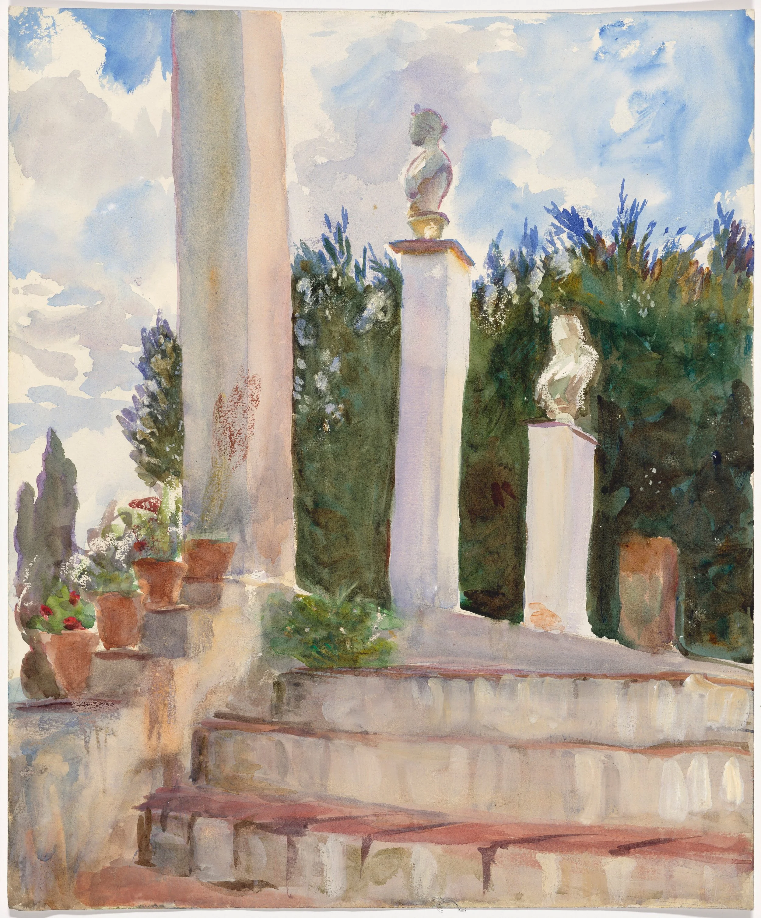 Watercolor painting of an outdoor scene with large white columns, a stone bust sculpture on a pedestal, lush green bushes, potted plants with red flowers, and a cloudy sky in the background.