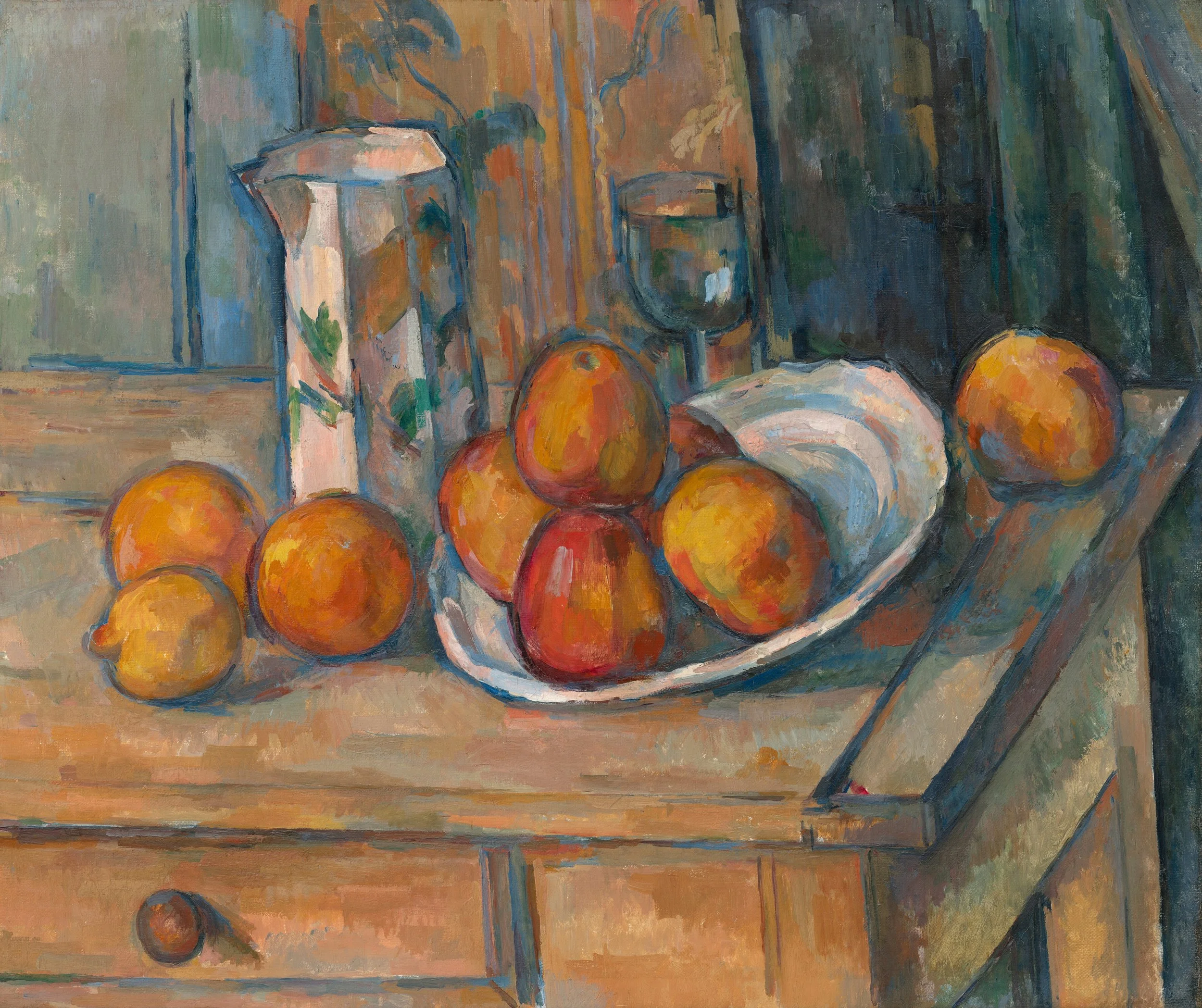 Still life painting of fruit, a glass of wine, a jug, and a bottle on a table with a curtain and wall in the background.