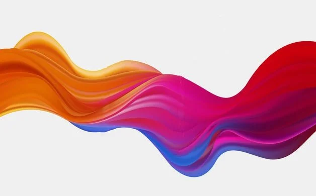 A colorful, abstract wave design with orange, pink, purple, and blue hues on a white background.