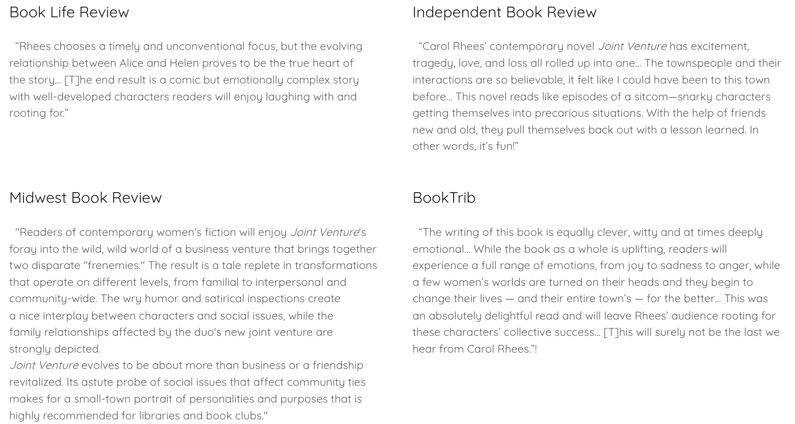 A comparison of four book reviews from different sources, each highlighting various aspects of the books they review.