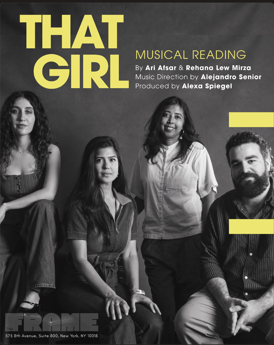 Black and white promotional photo of four diverse individuals, three women and one man, promoting a musical reading of 'That Girl', with yellow text displaying the title and credits, and an address at the bottom.