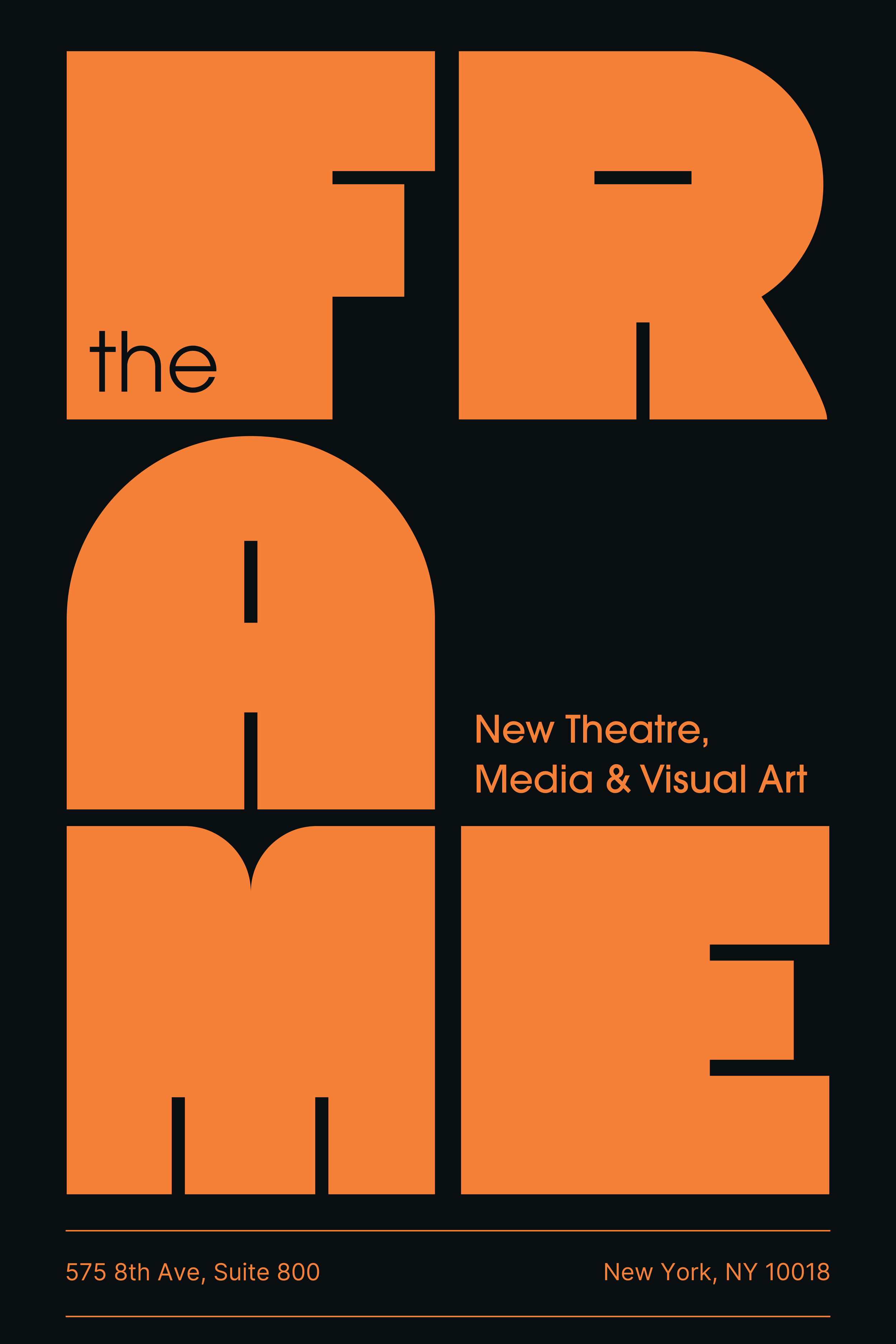 An abstract graphic design with large, bold, orange block letters spelling 'THE', 'EAR', and 'I'. There is a smaller orange text on the right side that says 'New Theatre, Media & Visual Art'. Below, there are orange text with the address '575 8th Ave