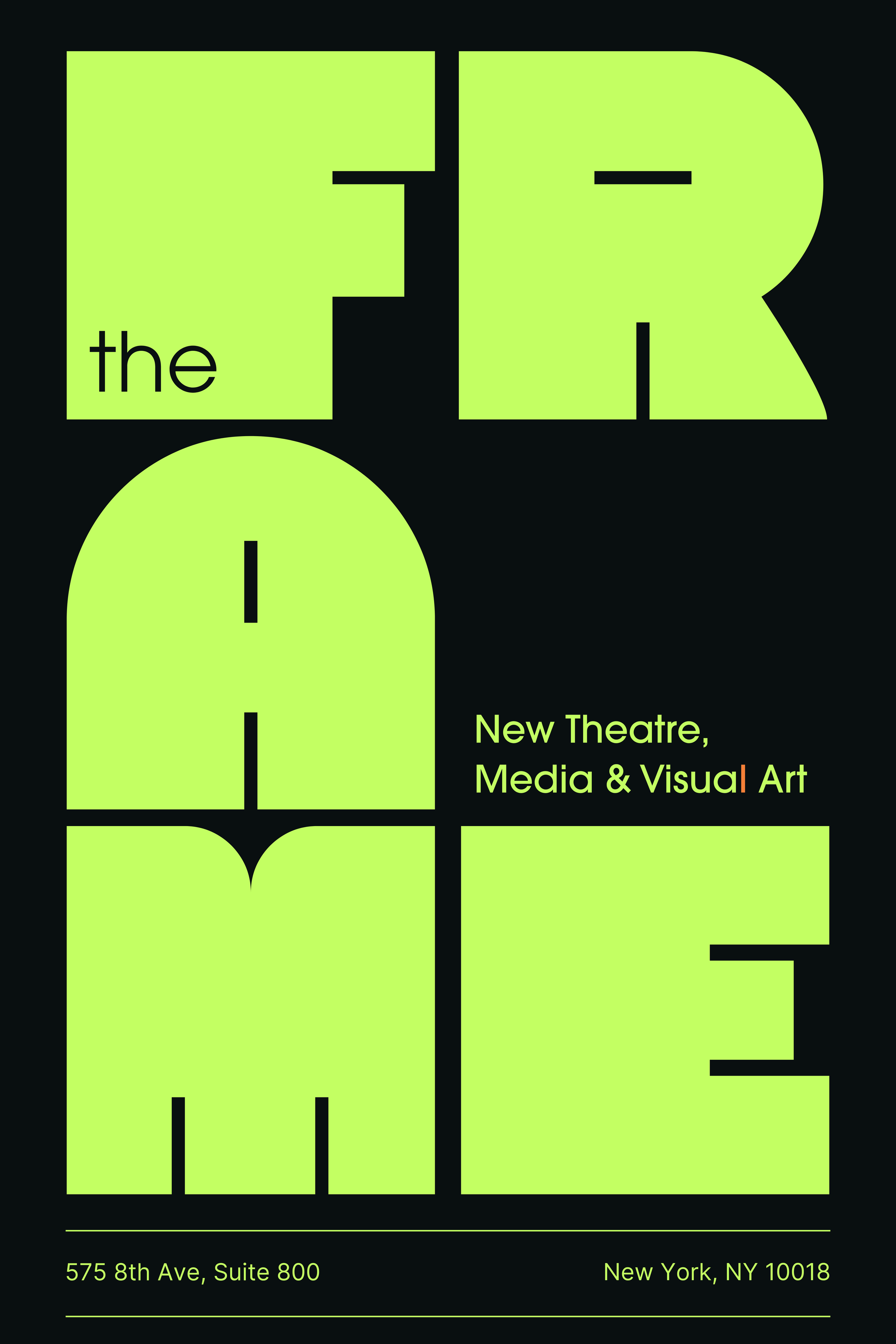Bold lime green text on a black background reading "the R" with additional text "New Theatre, Media & Visual Art" and the address "575 8th Ave, Suite 800, New York, NY 10018".