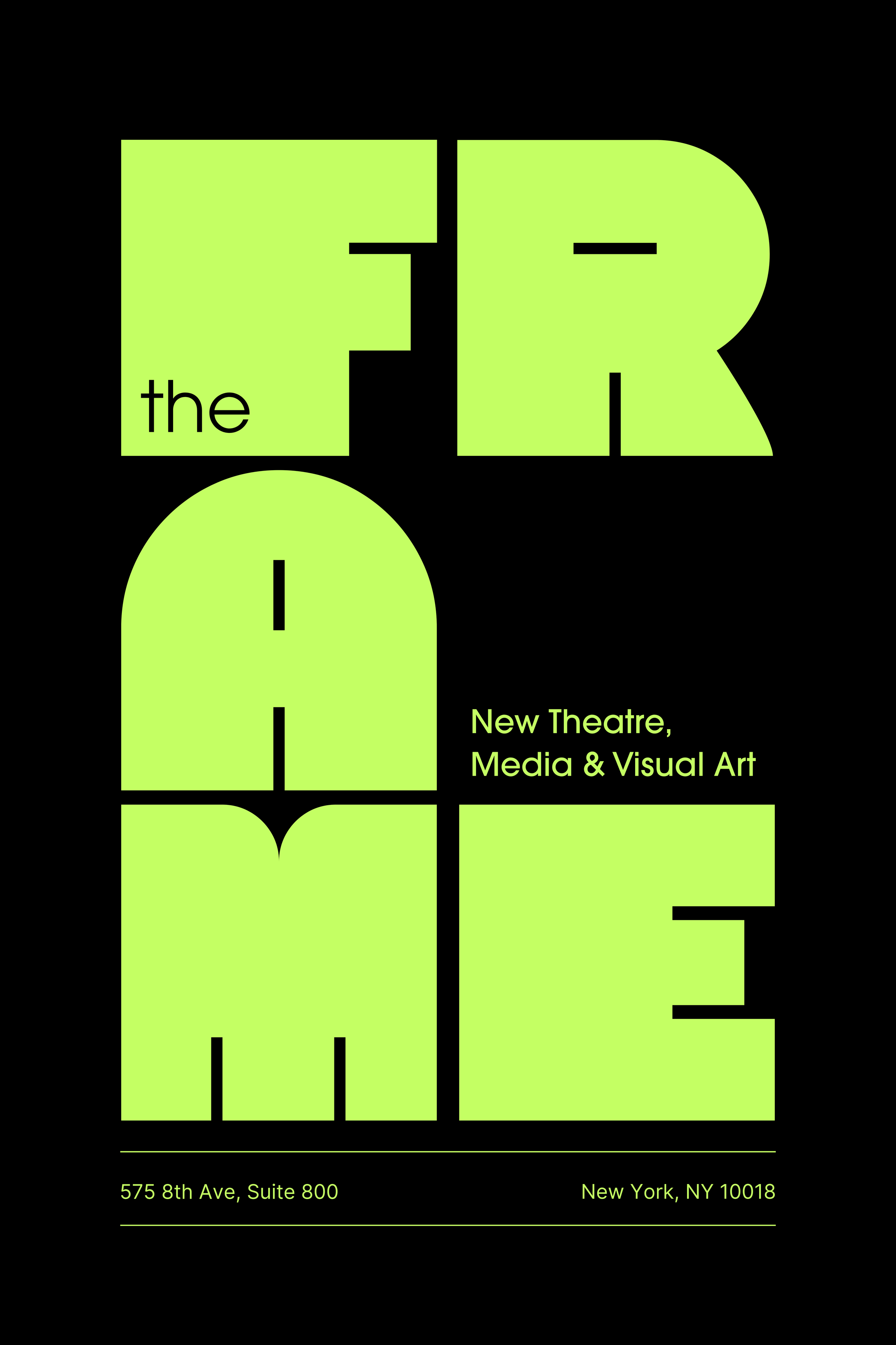 Flyer for the ER Gallery, New Theatre, Media & Visual Art, with the address 575 8th Ave, Suite 800, New York, NY 10018, featuring large lime green letters spelling 'ER' with the words 'the' and 'I' integrated into the design.