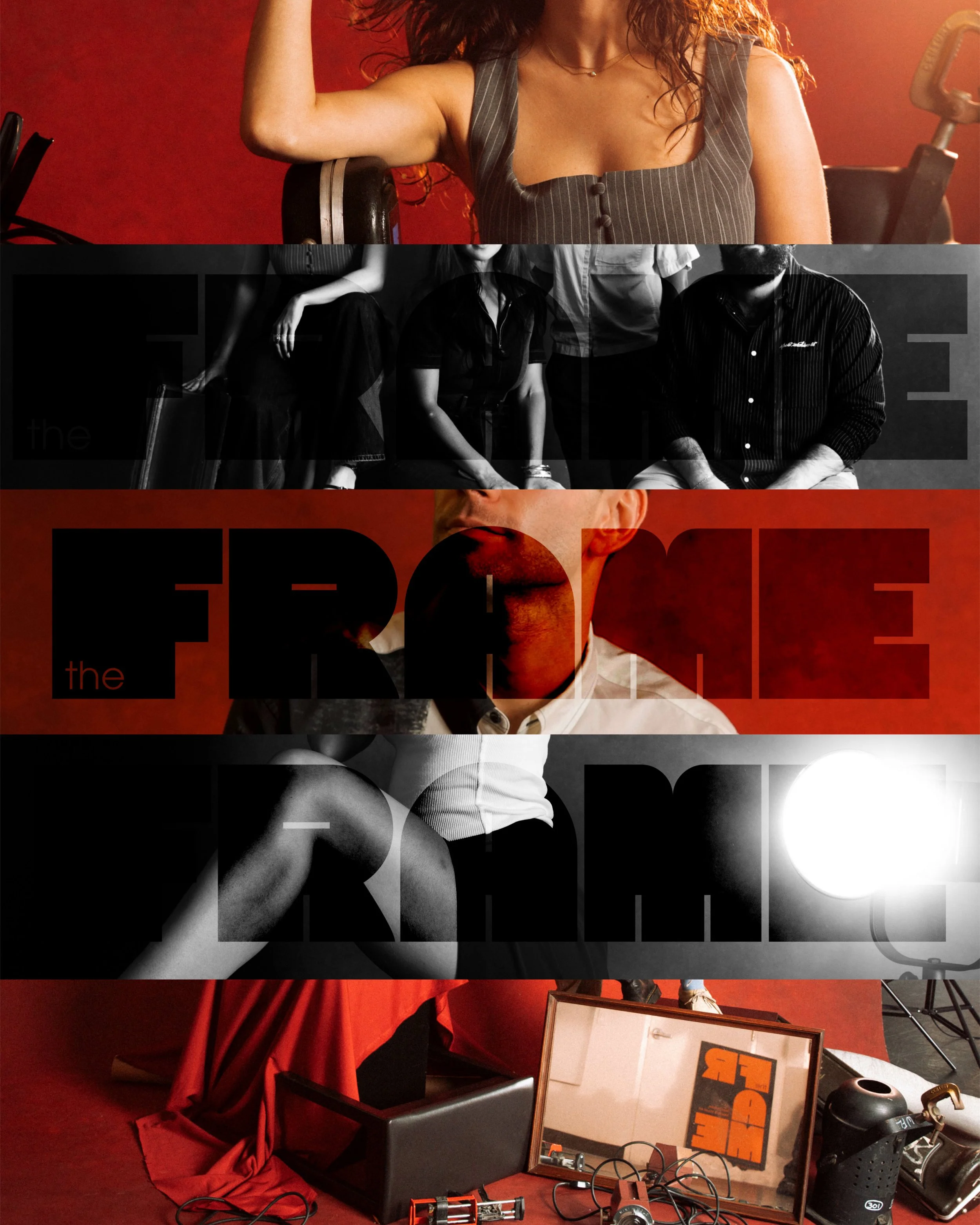 A woman with curly hair wearing a sleeveless striped top flexing her arm, with a red backdrop, and various electronics, framed photos, and equipment scattered around on tables and the floor.