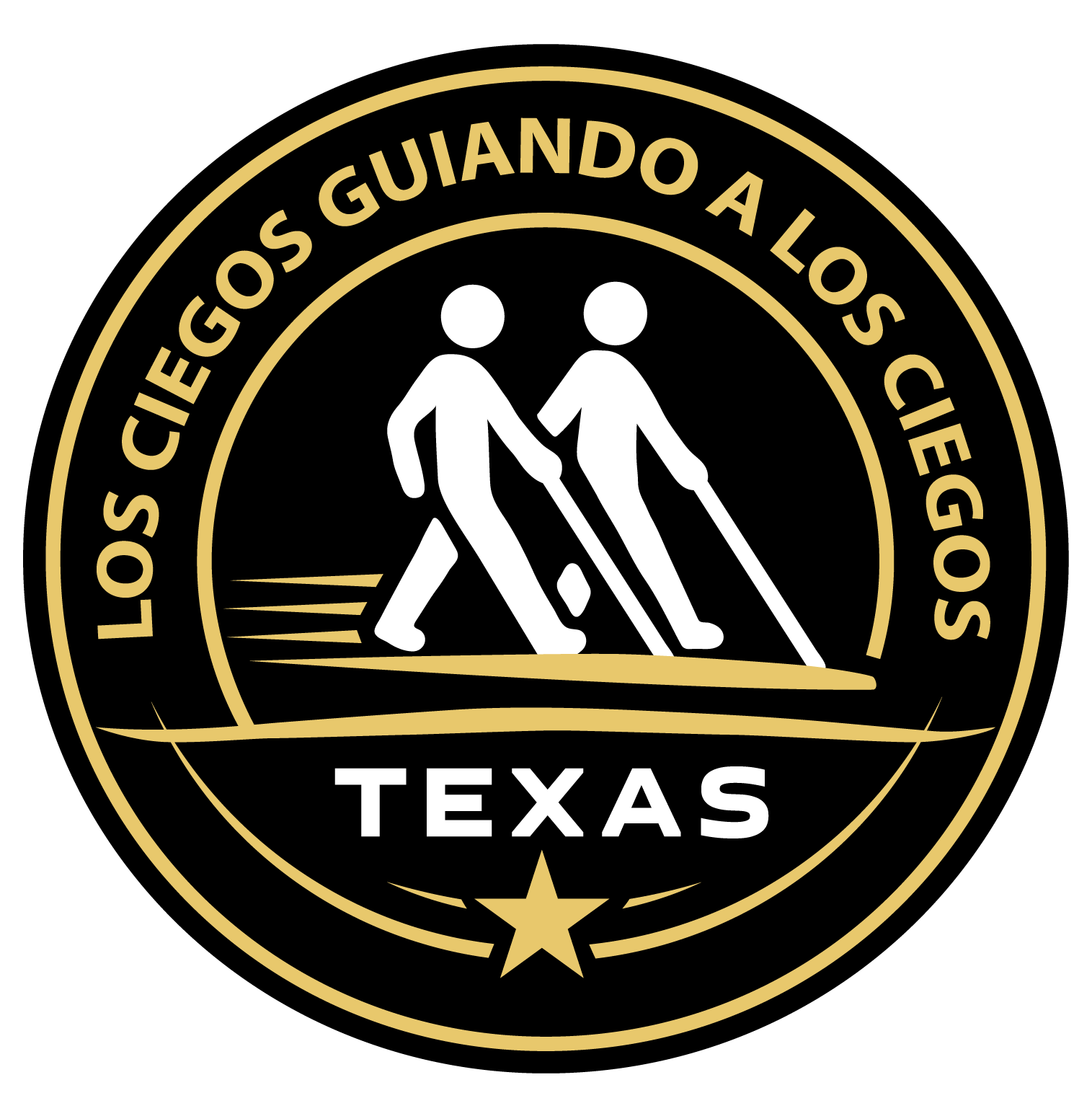 Texas state logo with two stylized figures cross-country skiing, surrounded by a circular text reading "Los viegios guiando a los que van".