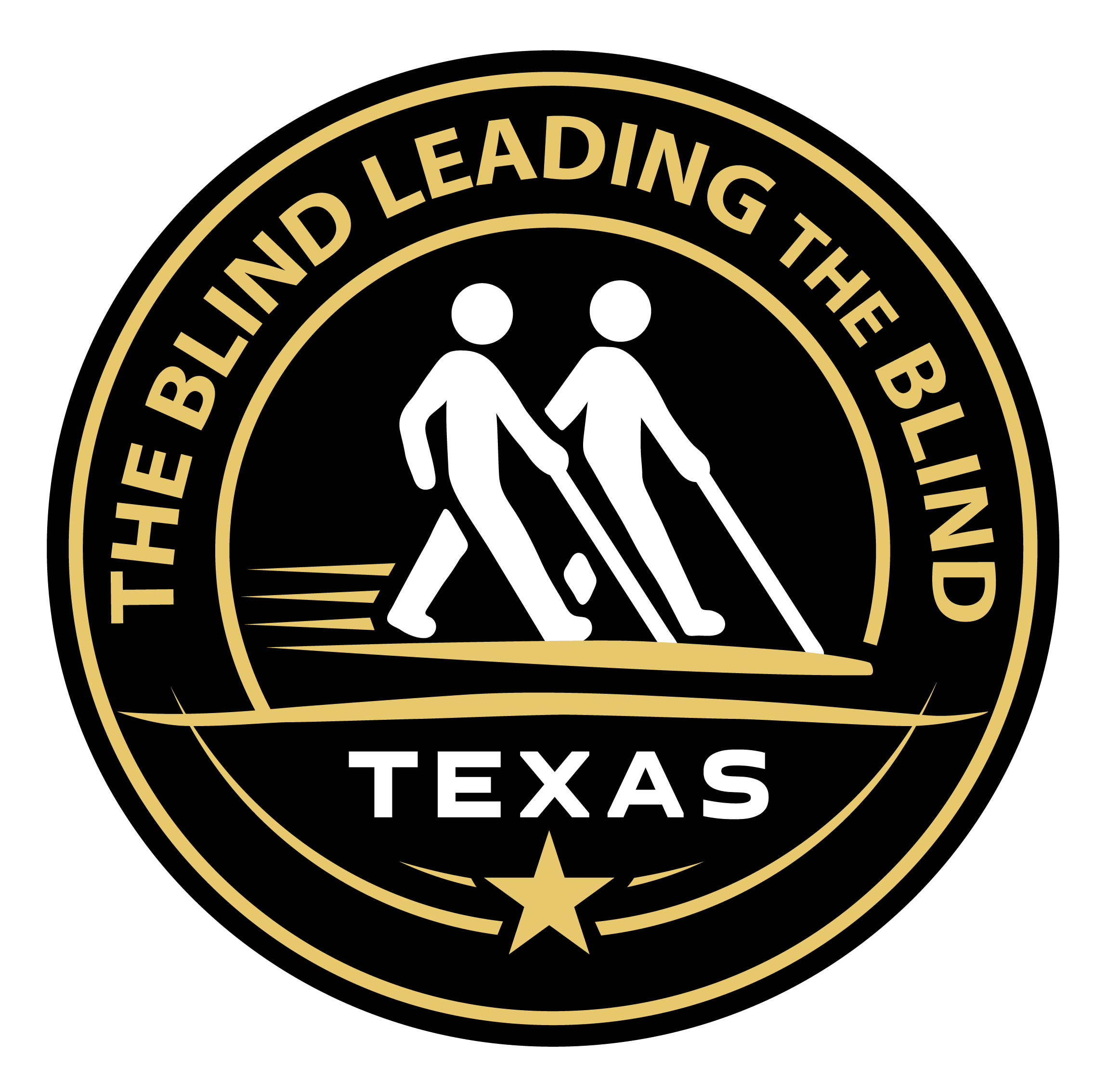 TBLTBOT logo with two people in the middle with walking sticks and text circling the image that reads "The Blind Leading the Blind" and text at the bottom reading "Texas"