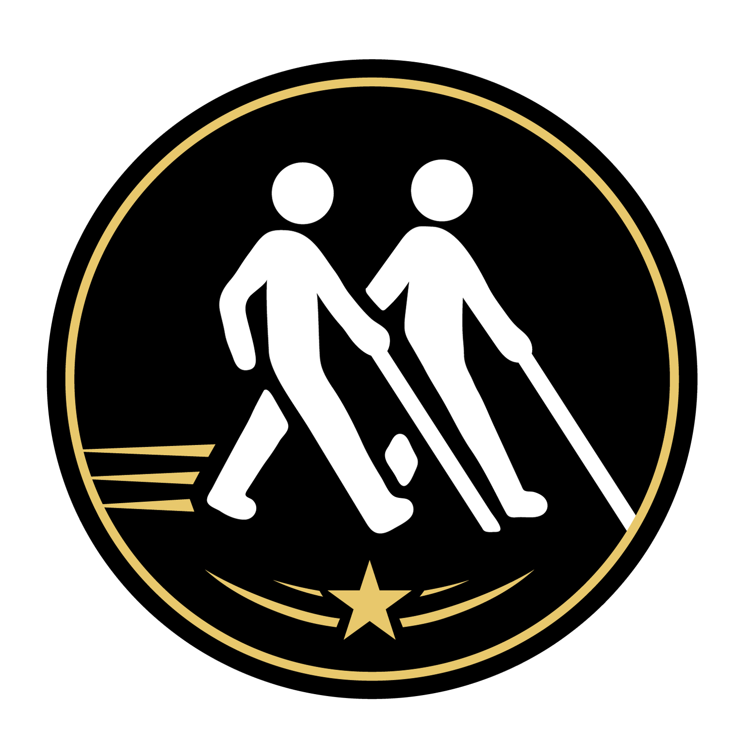 The Blind Leading the Blind of Texas - Logo Icon showing two figures with walking sticks walking, one slightly ahead of the other, leading.