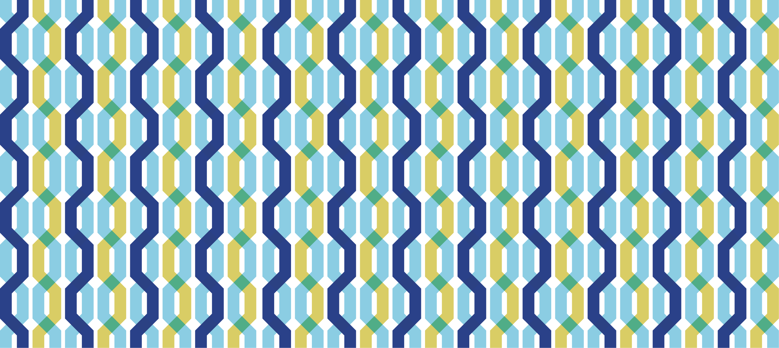A colorful geometric pattern featuring interlocking shapes in shades of blue, yellow, black, and teal.