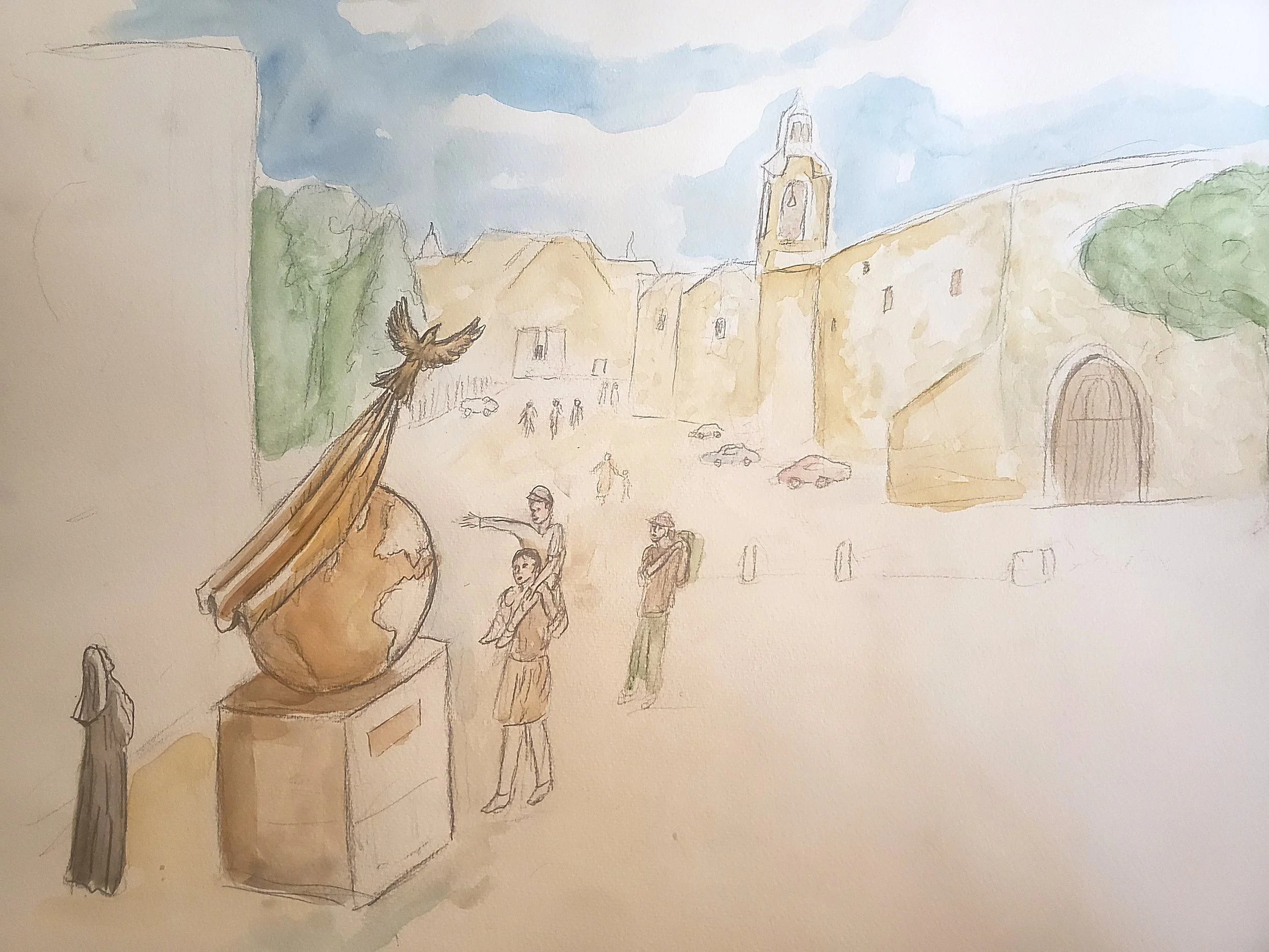 An early sketch of the sculpture in context.