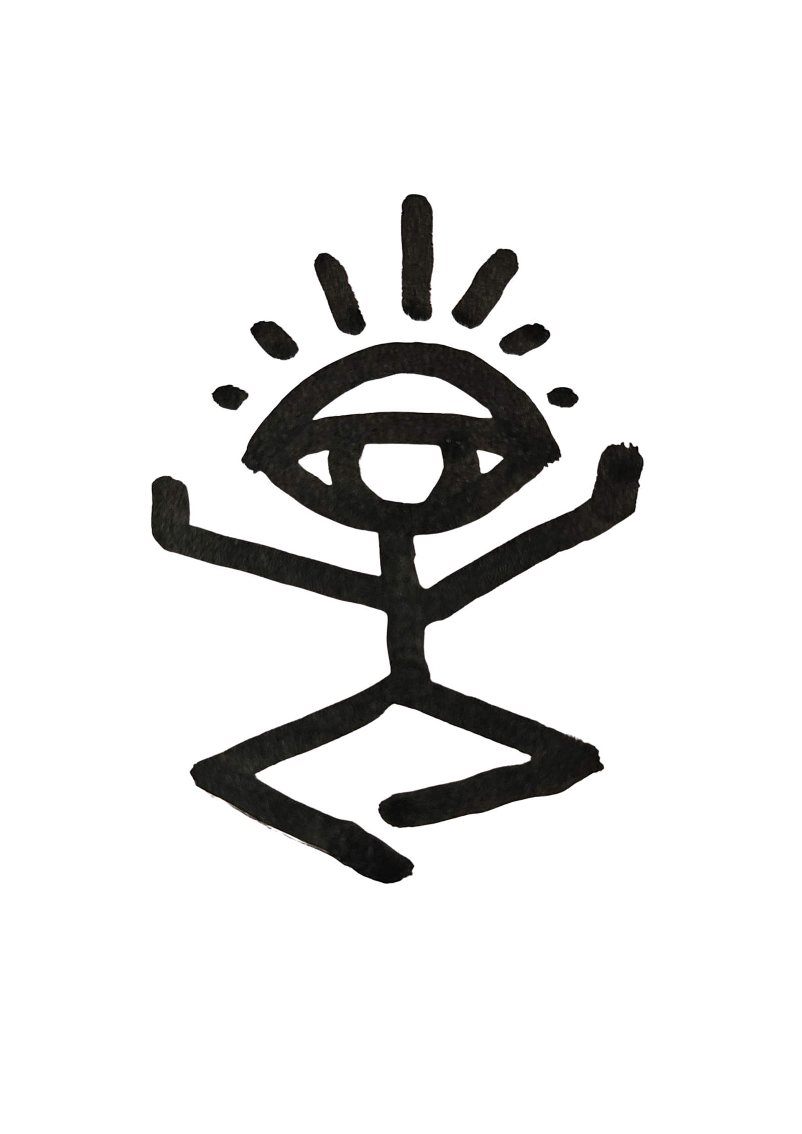 A black metal wall sculpture of a stylized eye with rays coming from it, mounted on a black background.