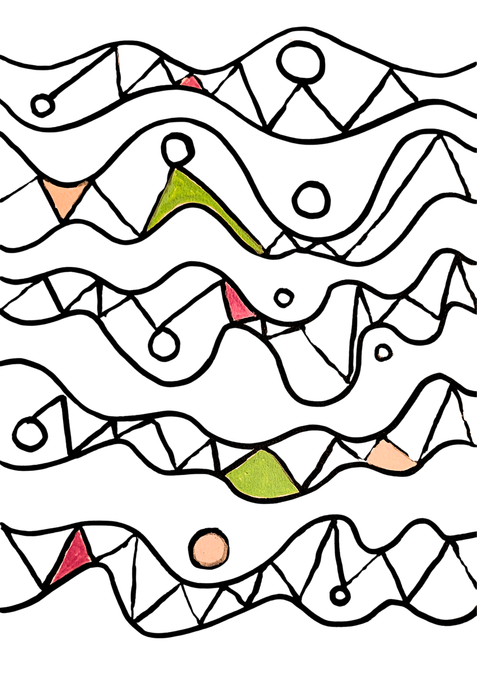 An abstract black and white doodle with scattered colorful shapes, including green and pink, on a white background.