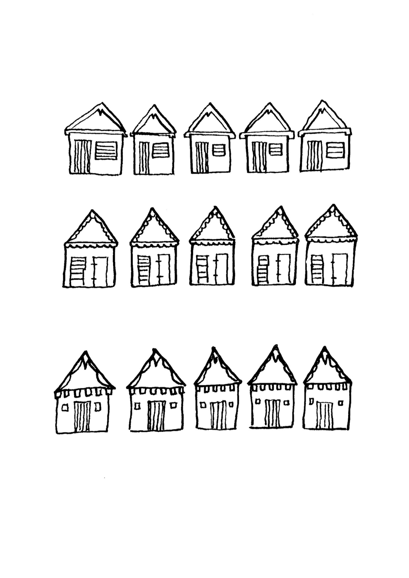 A drawing of various styles of houses arranged in rows, including small houses with pitched roofs, larger houses with detailed trimmings, and mountain-like structures, all depicted in black and white.