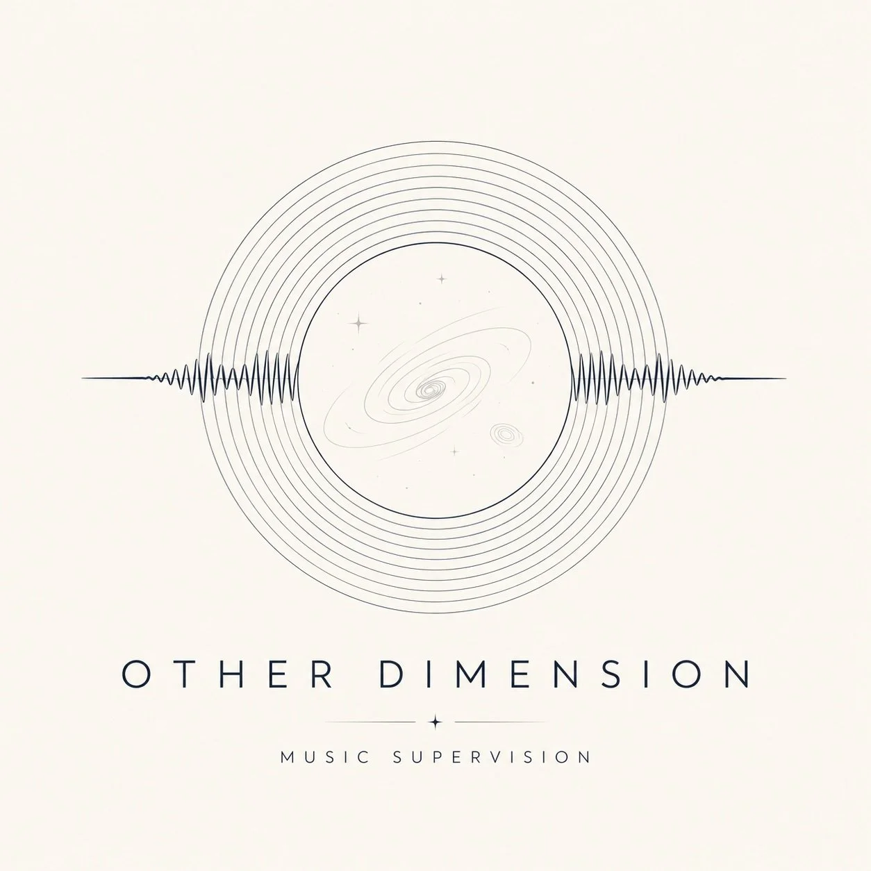 Logo for "Other Dimension" with abstract space-themed design featuring concentric circles, a galaxy illustration, and sound wave lines.