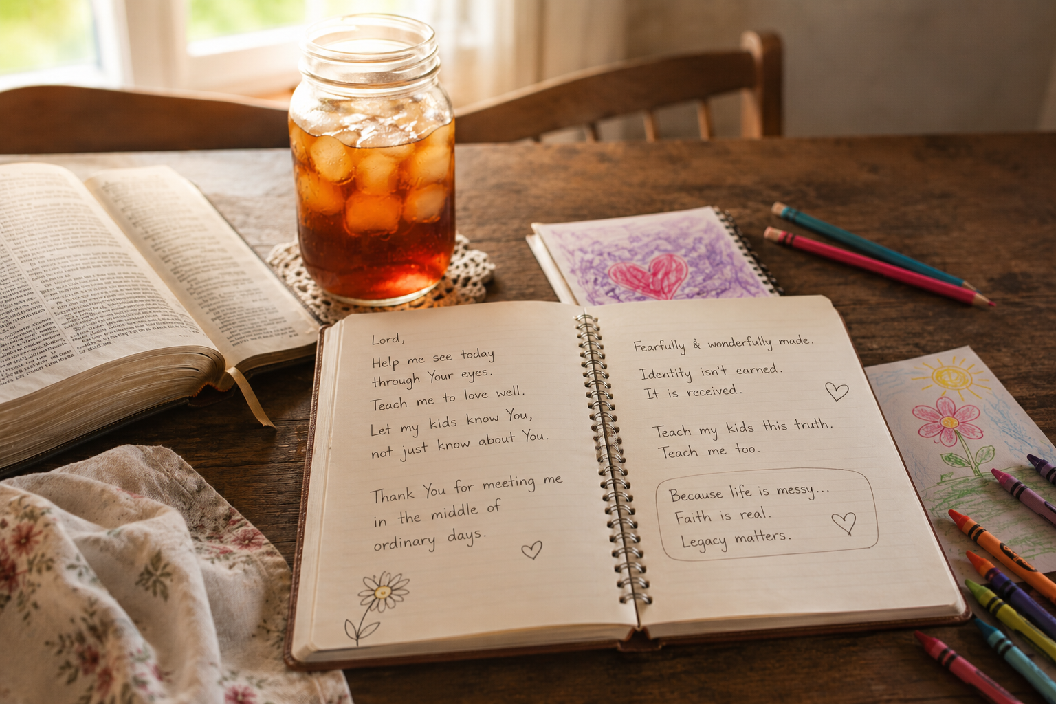 Open journal with handwritten prayer, colored drawings, and crayon drawings, next to a glass jar of iced tea on a wooden table. There are also colored pens nearby, and a floral cloth partially visible in the foreground.