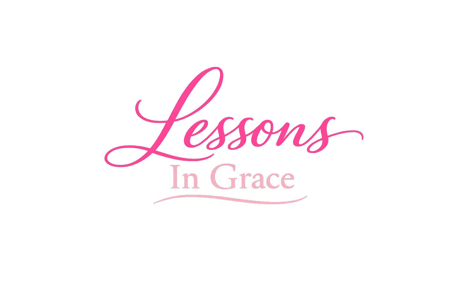 Neon sign with pink cursive text that reads "Lessons in Grace" against a dark background with streaks of light.