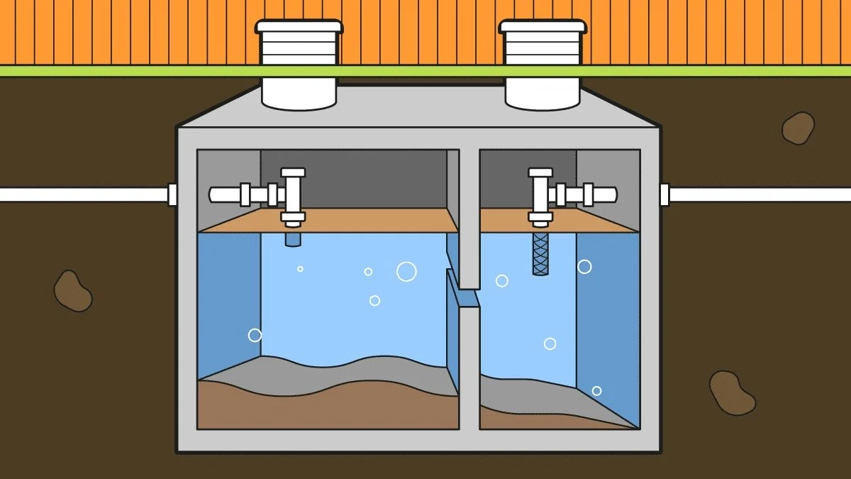 Cross-section of a septic tank underground with water, sludge, pipes, and a building structure above ground.