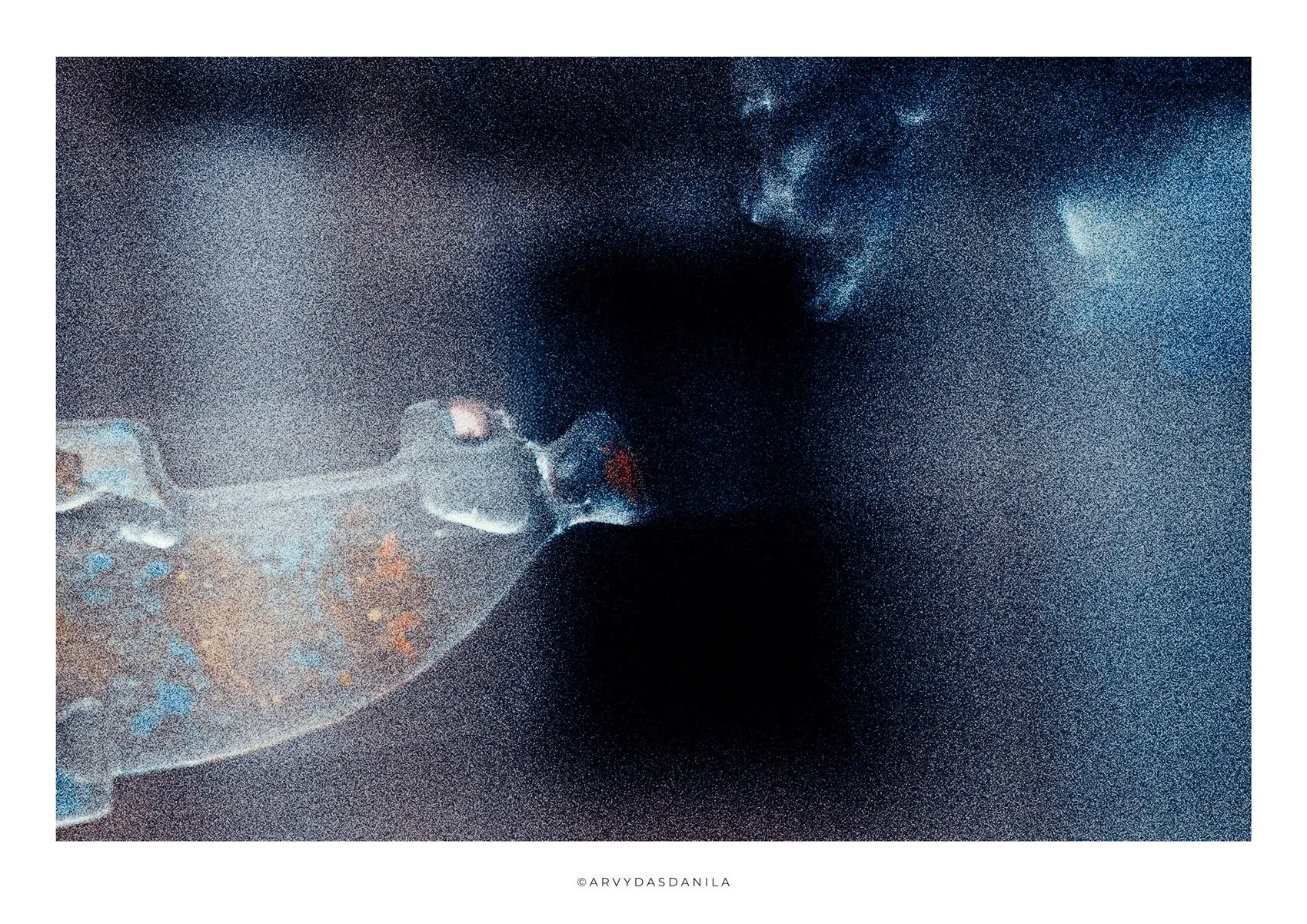 A silhouette of a 'glass' creature looking at a starry night sky over a city with visible buildings and lights extremely mystic and unfamiliar sensation blue dominant color dreamlike feeling.