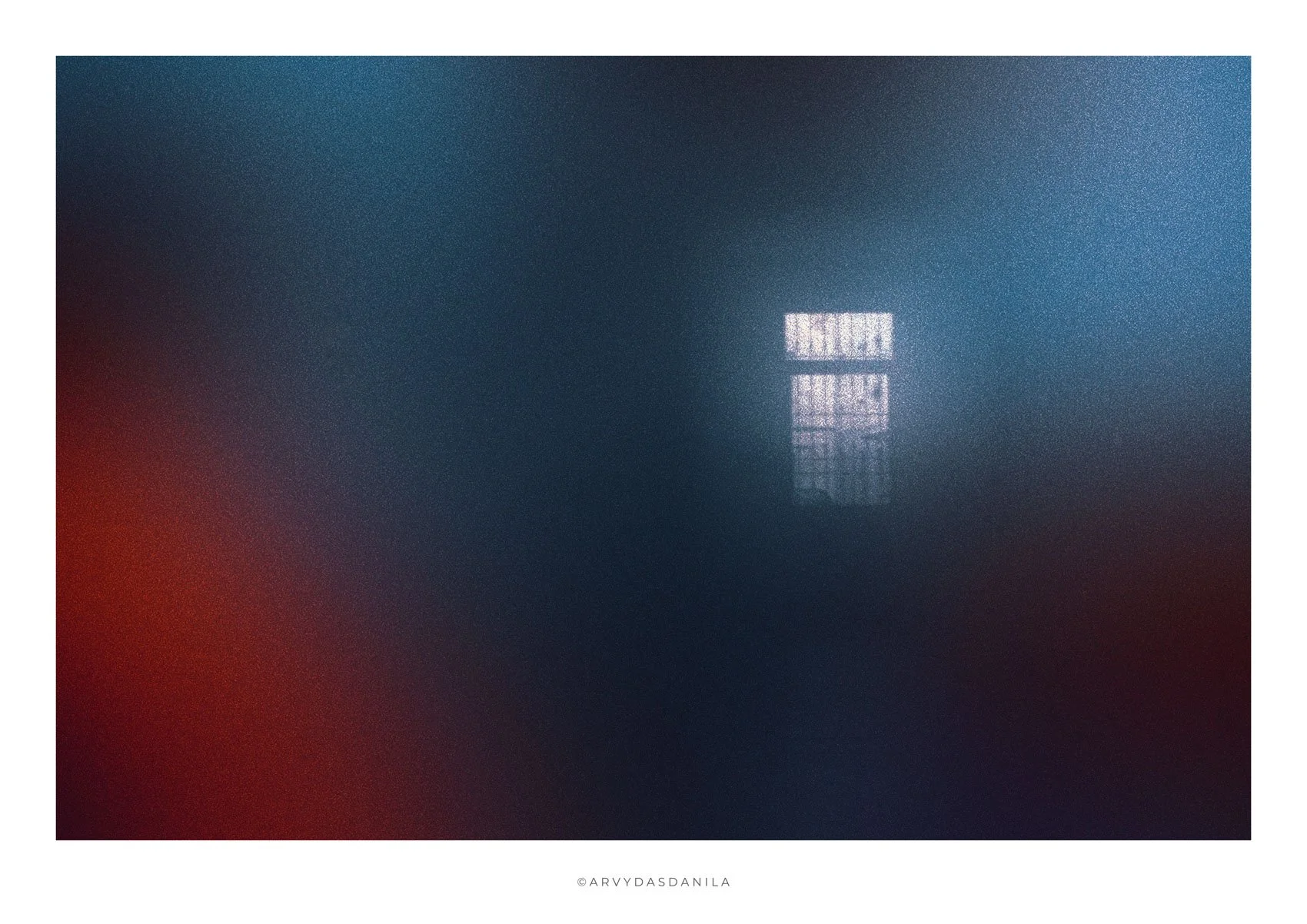 small window with light shining through, reflecting on a dark, blurry surface with shades of red and blue creating sensation of unknown presence in the dwelling, deeply artistic and stylish.