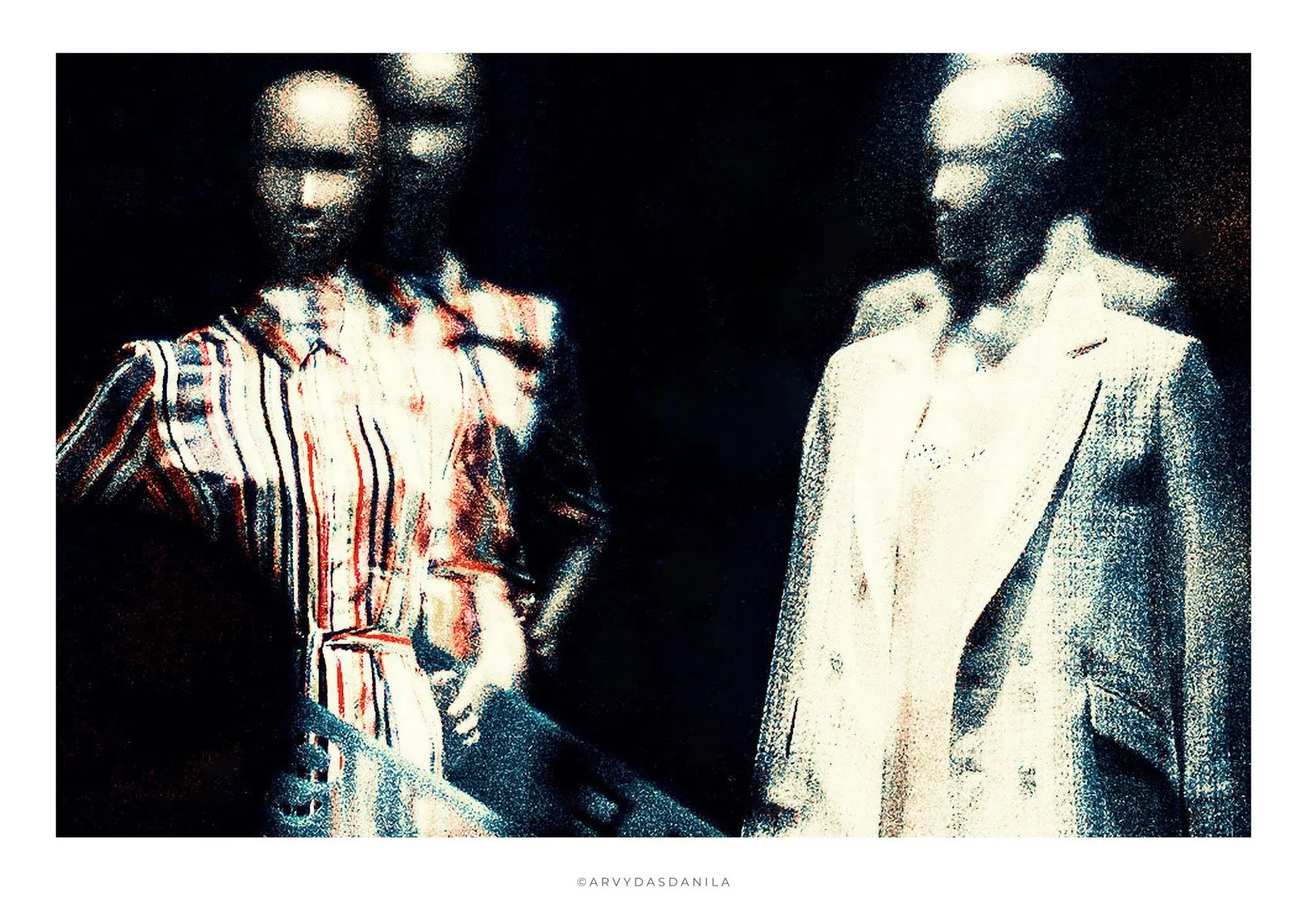 Three people standing together, one woman on the left with striped shirt and two men on the right, one wearing glasses and a blazer. The image has a stylized, pixelated effect.
