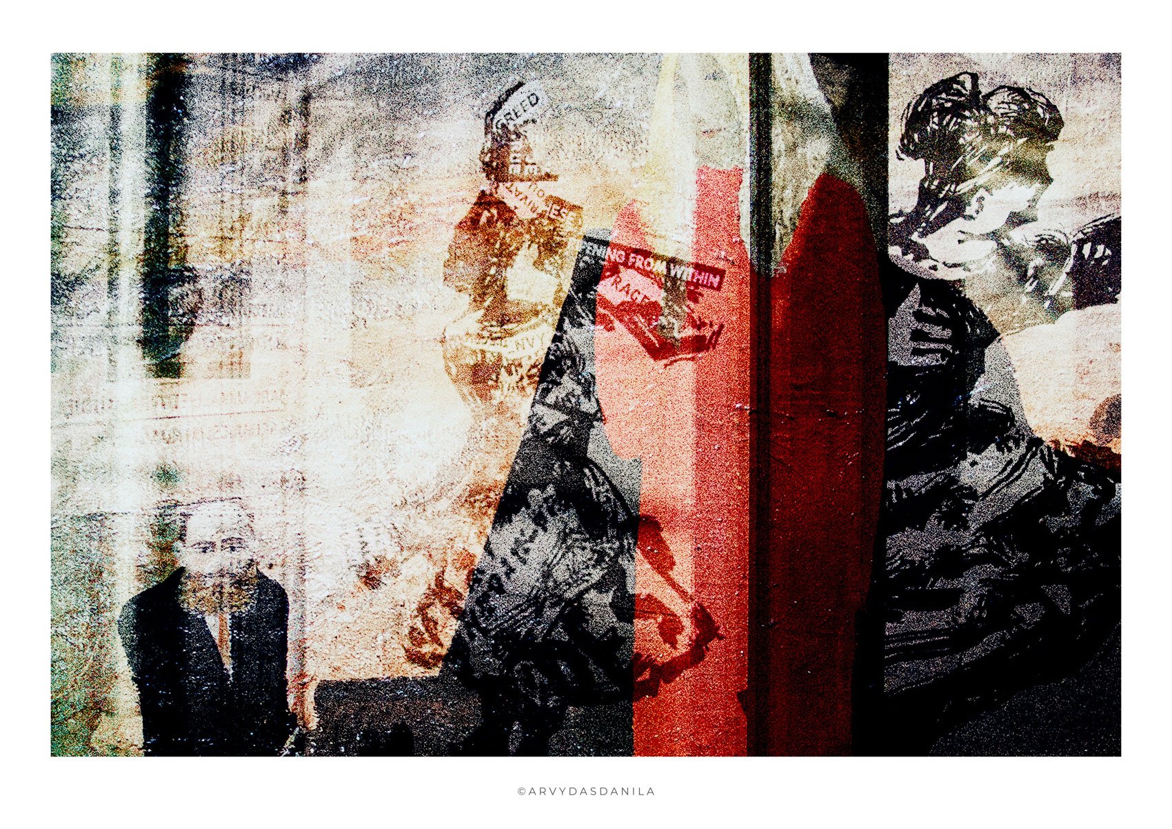 A grunge-style photograph featuring multiple black-and-white images of people, including a woman reading, a man in a suit, and a child, layered with text, red vertical stripes, and textured overlays.