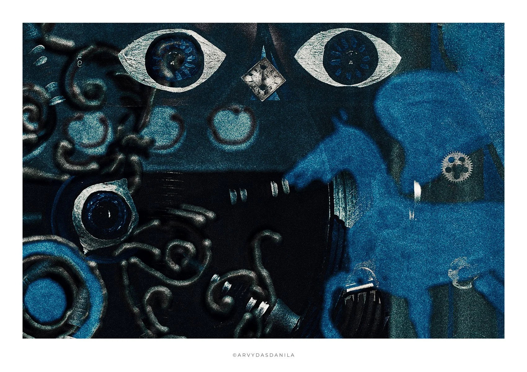 Close-up enigmatic visual of gears and cogs, with artistic depiction of a face featuring two eyes, a nose, and a partially visible mouth, styled in metallic and blue tones.