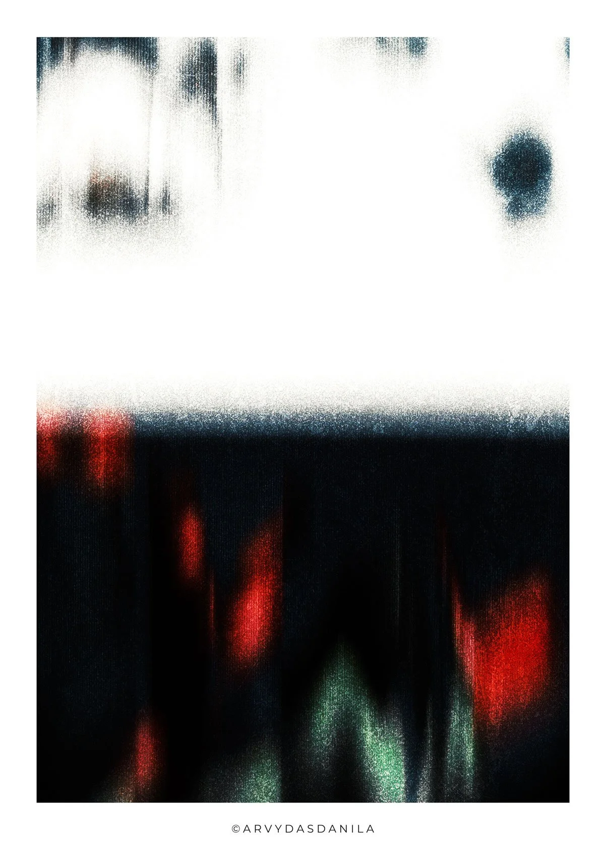 Highly abstract grainy photograph with blurred red and green lights beneath a large luminous white field.