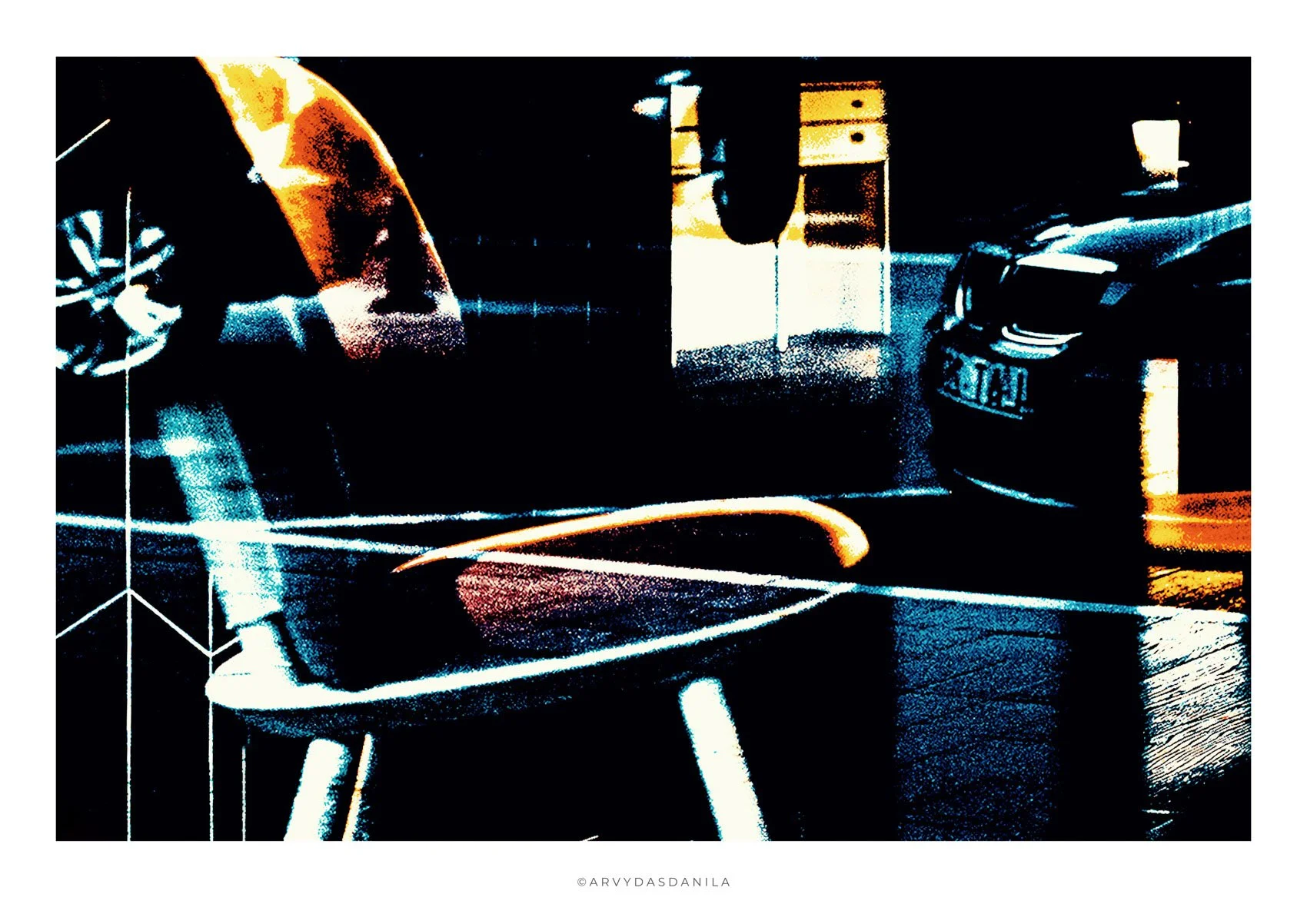 A surreal photograph featuring scattered reflections of items with vibrant neon colors and geometric shapes, giving an abstract and modern feel.