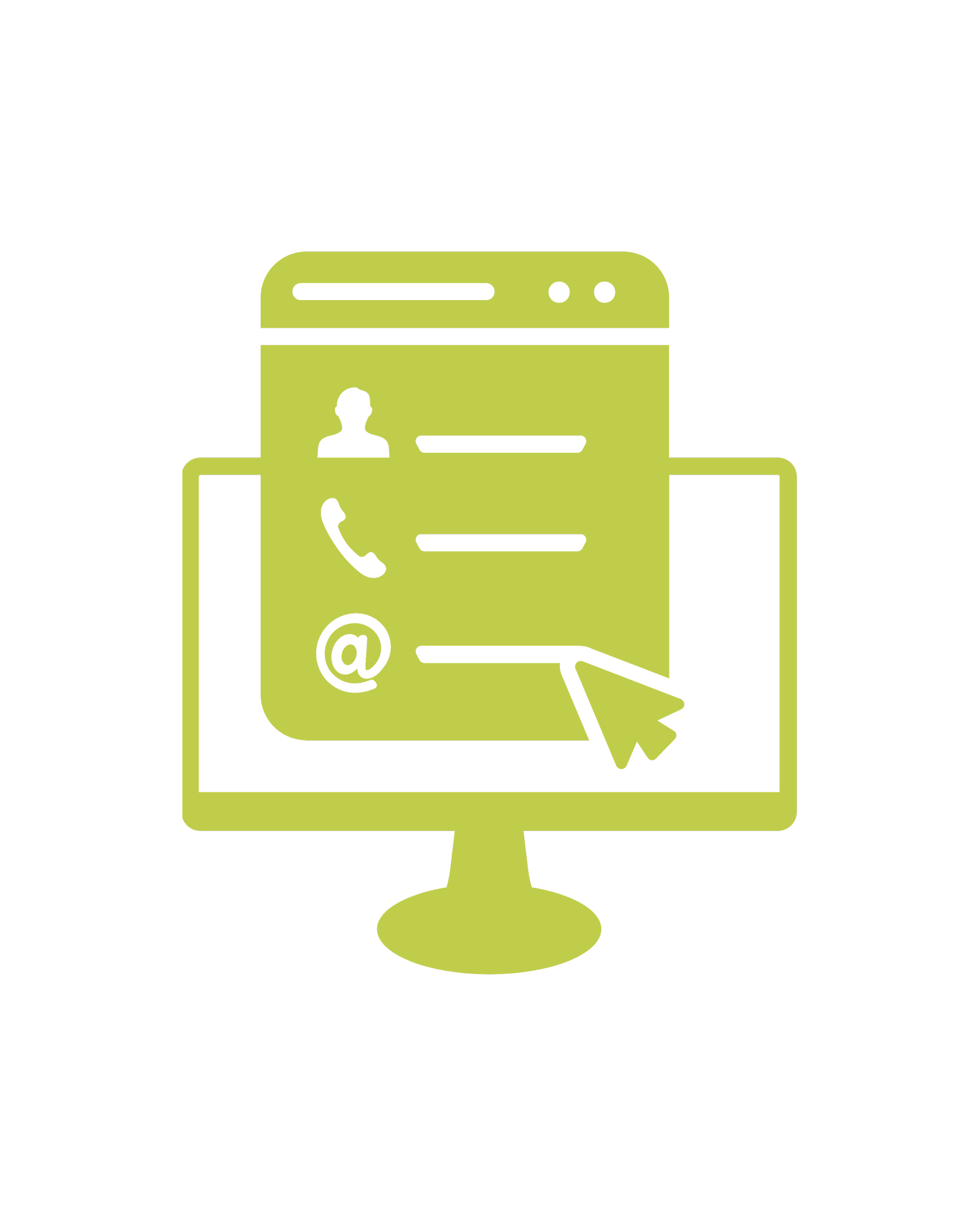 Computer monitor displaying an icon of a green profile with a telephone receiver, speech bubble, and email '@' symbol, representing communication.