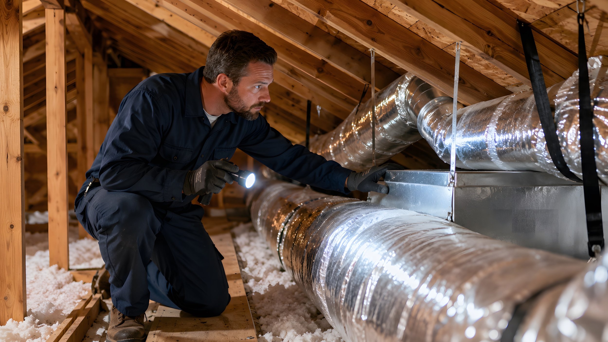 A man inspecting the insulated ductwork in an attic with a flashlight.