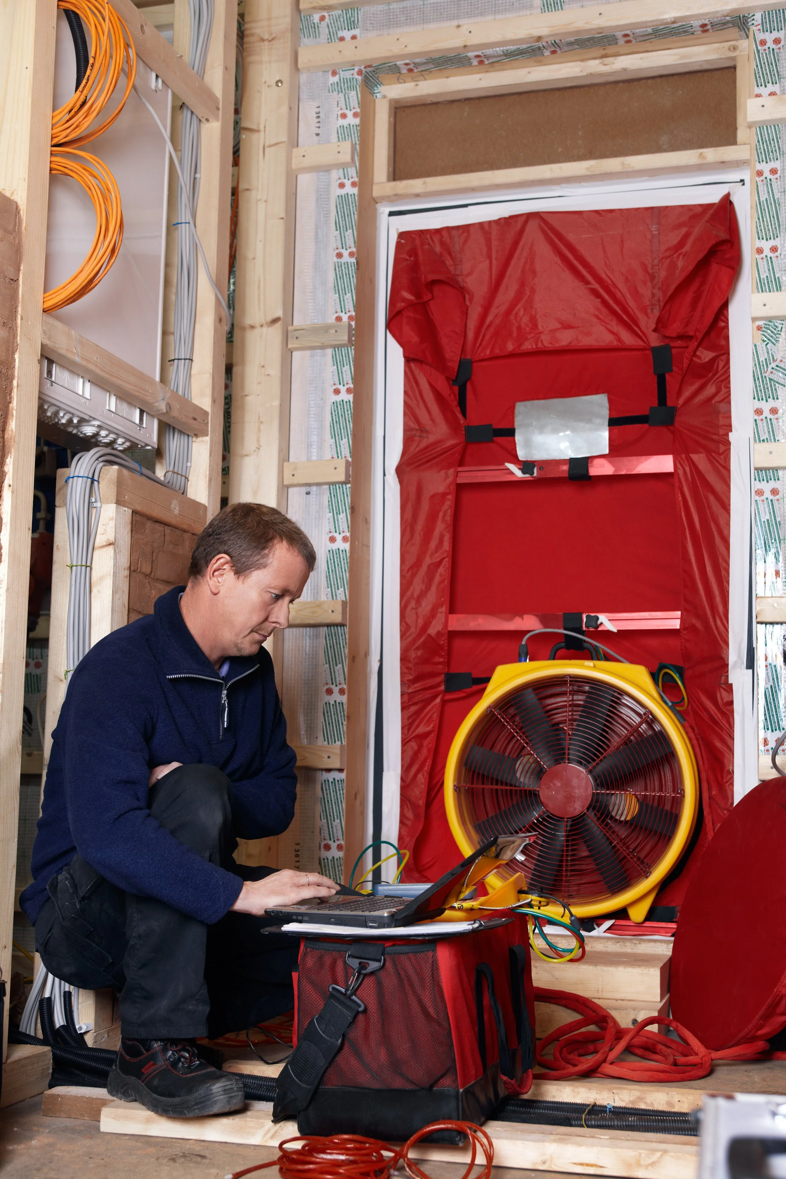A technician kneeling on the floor performing a blower door test.