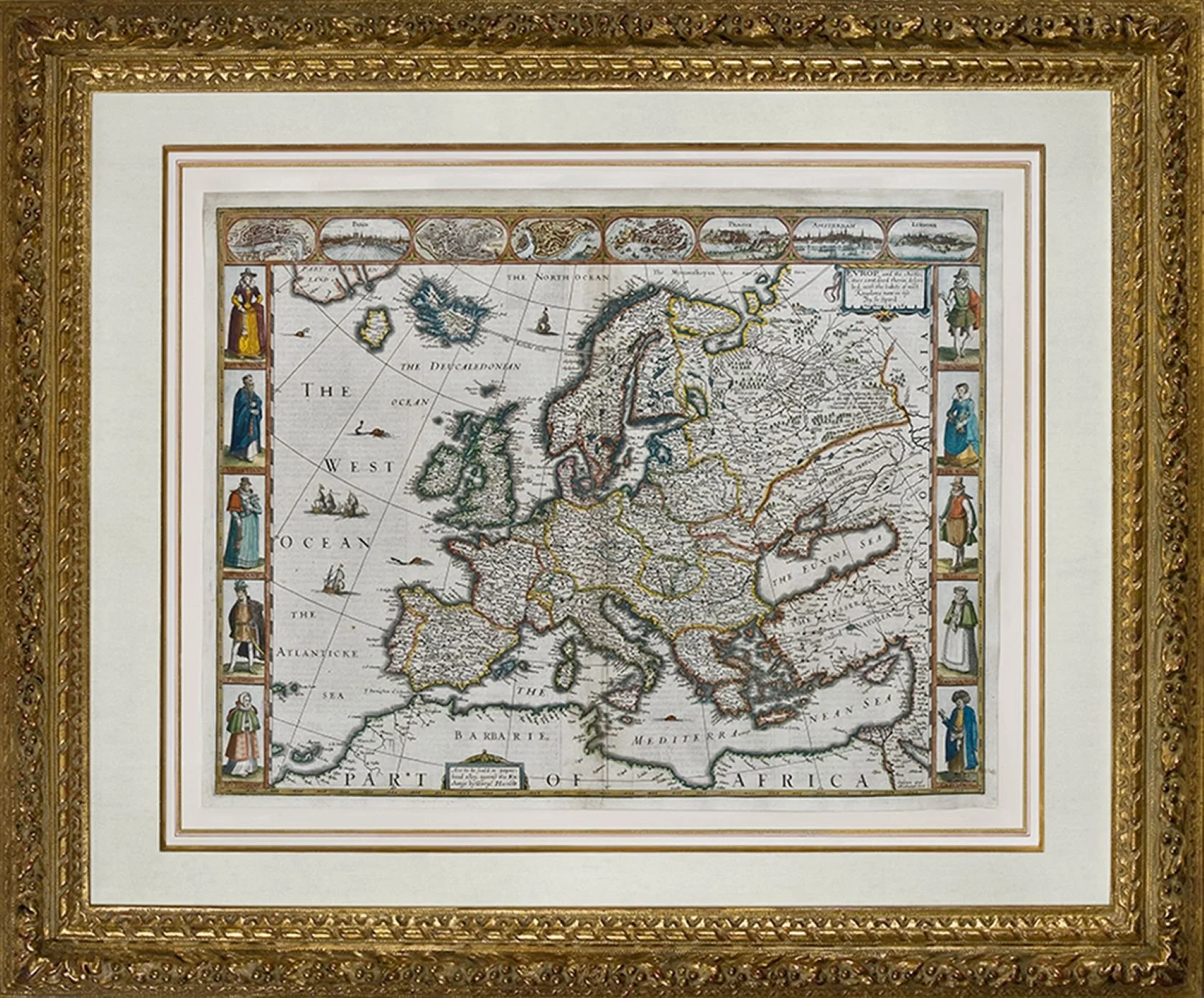 Europe map by John Speed, 1627, richly engraved and hand colored antique map of Europe with costume vignettes, presented in an ornate gold museum quality frame with archival matting