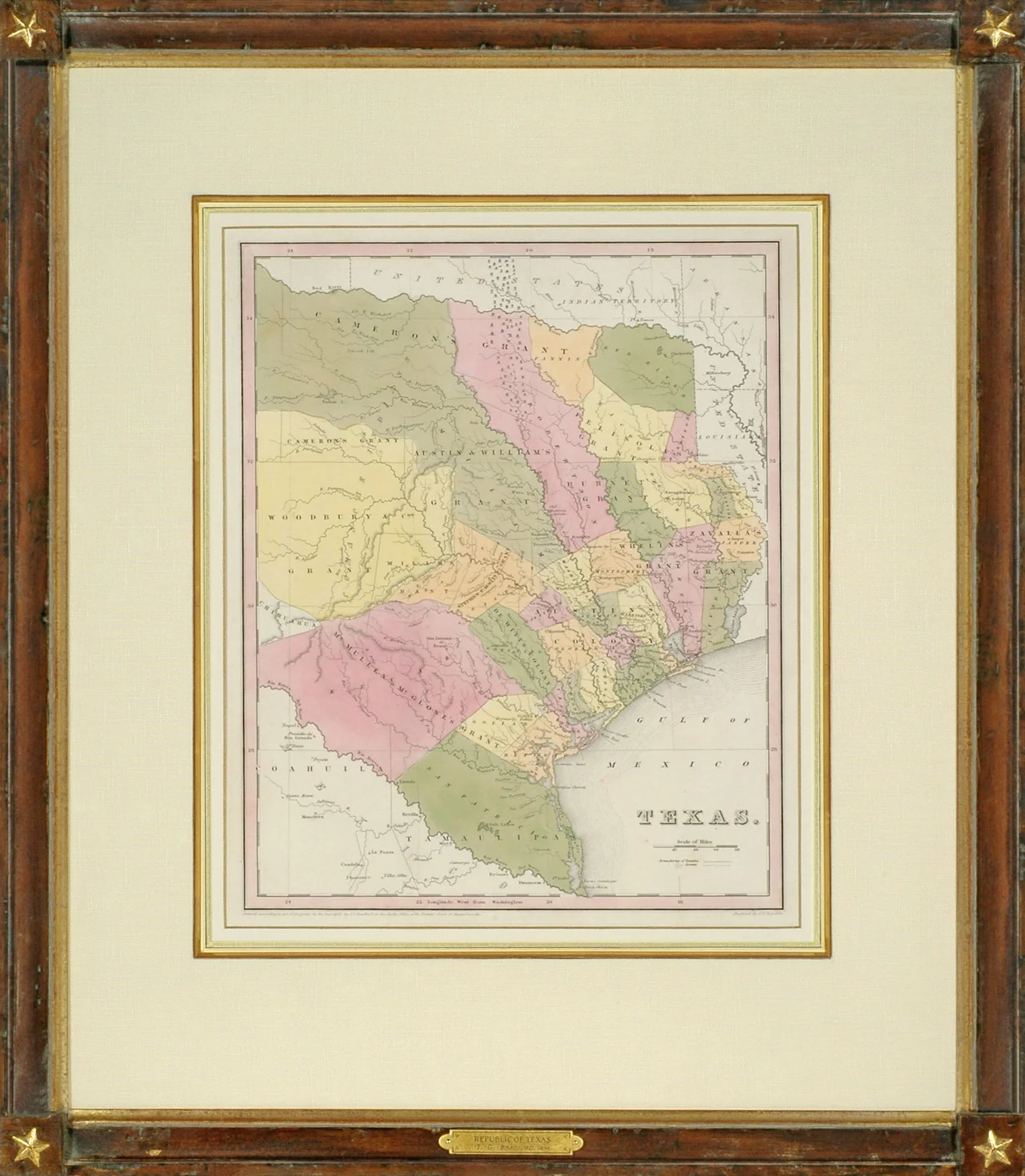 TG Bradford antique map of texas in museum quality framing