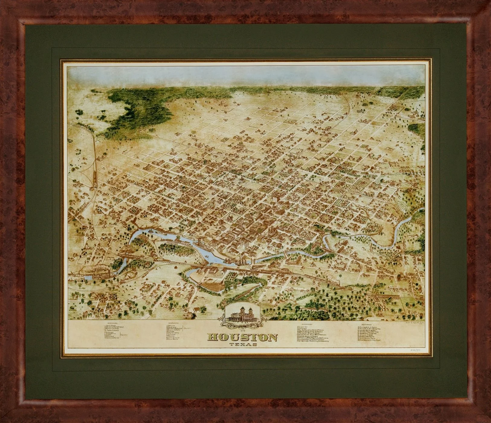 Birdseye view of Houston Texas antique map by Koch 1873