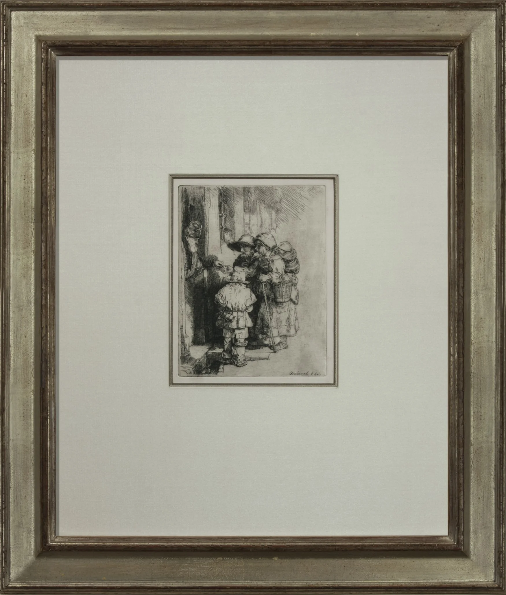 Beggars Receiving Alms at the Door of a House, Rembrandt van Rijn, Dutch, 1648 - In handmade 12kt white gold frame with painted bevel and hand wrapped silk mat.  A fine example of Houston Custom Framing period appropriate treatments.