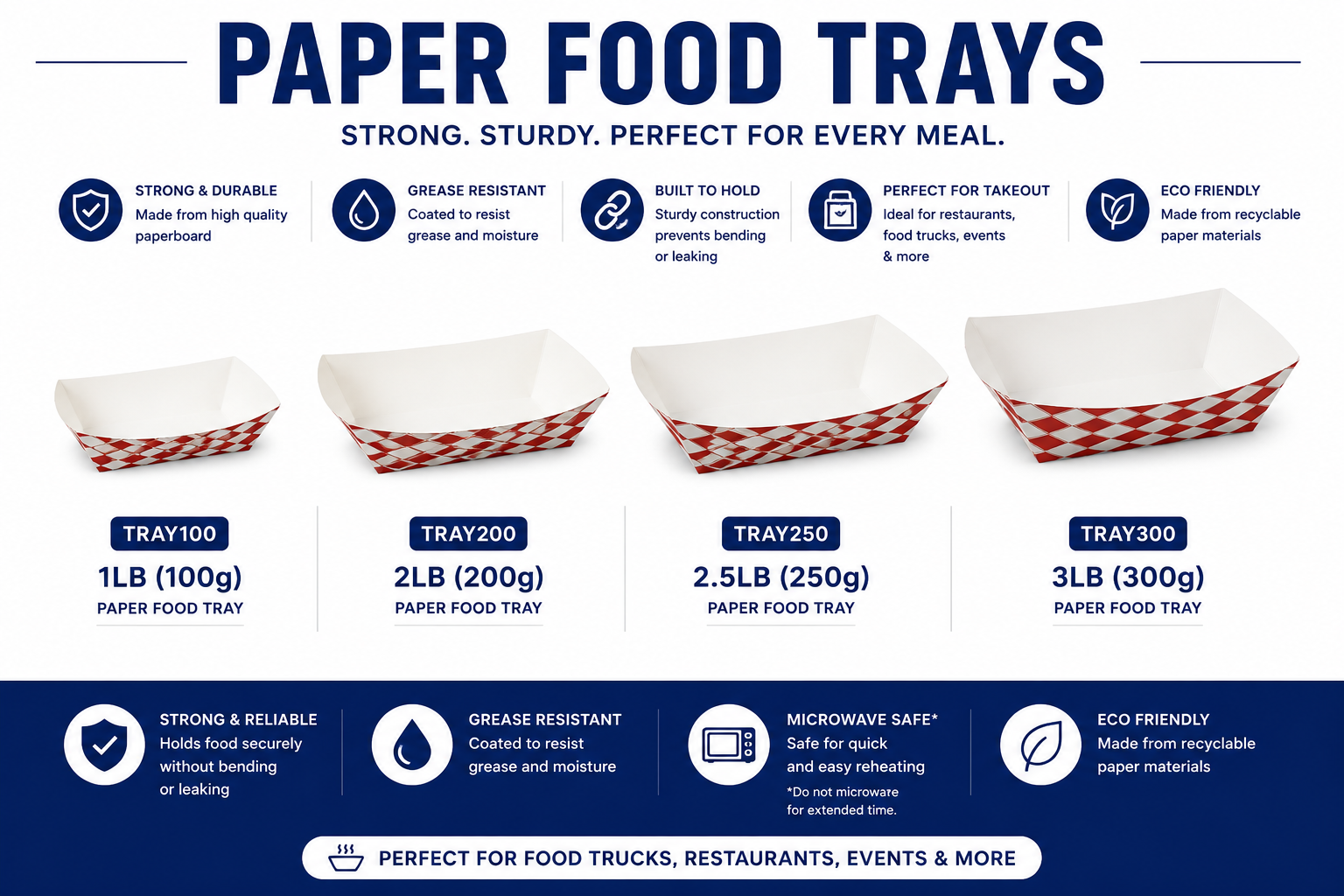 Disposable paper food boats for fries, tacos, snacks, appetizers, and street food vendors.