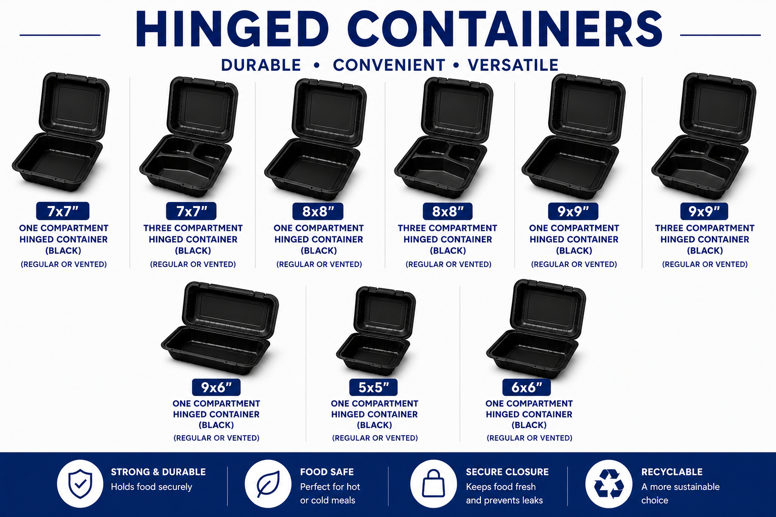 Hinged food containers for takeout meals, sandwiches, salads, and restaurant packaging.