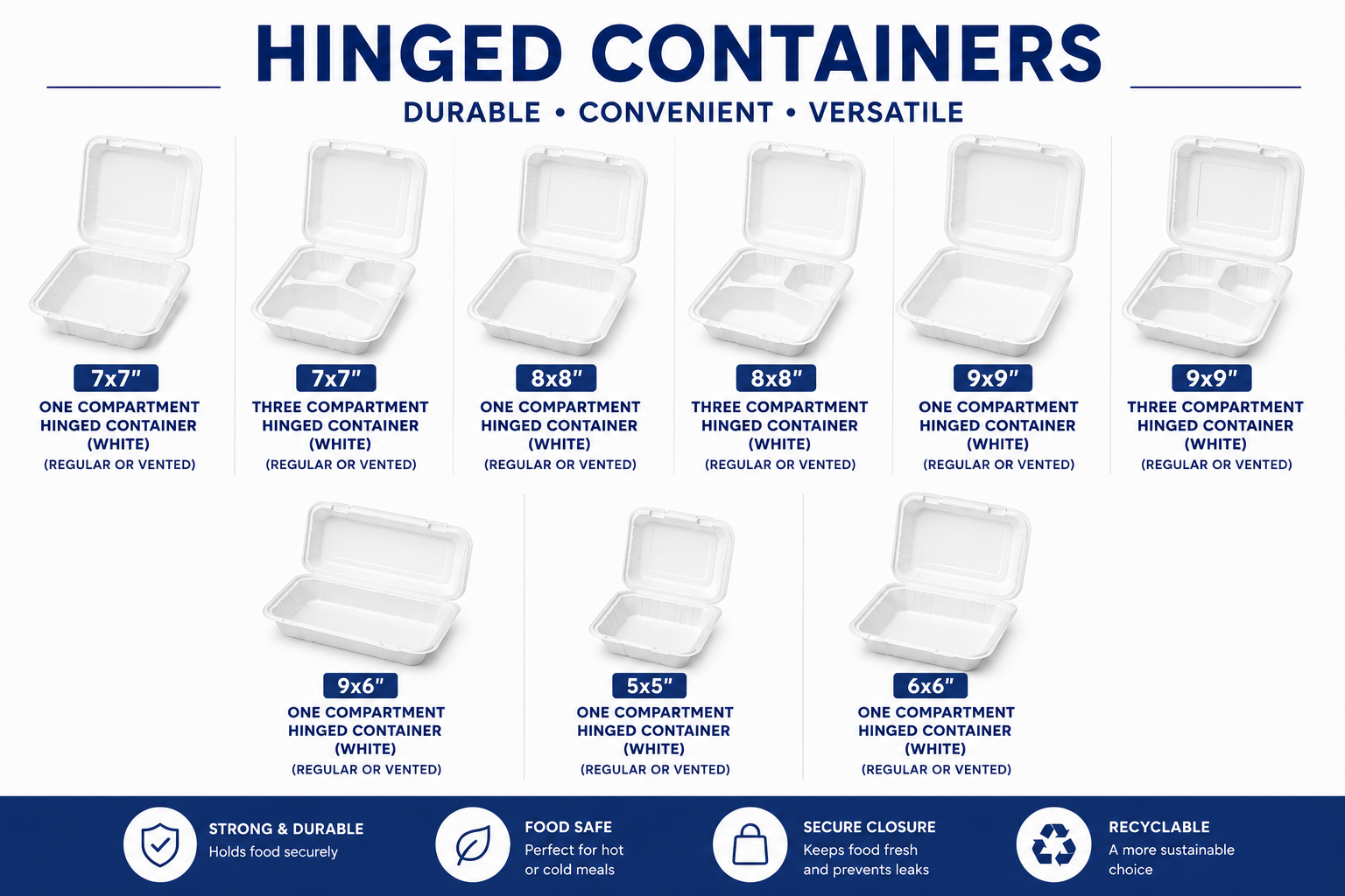 Hinged food containers for takeout meals, sandwiches, salads, and restaurant packaging.