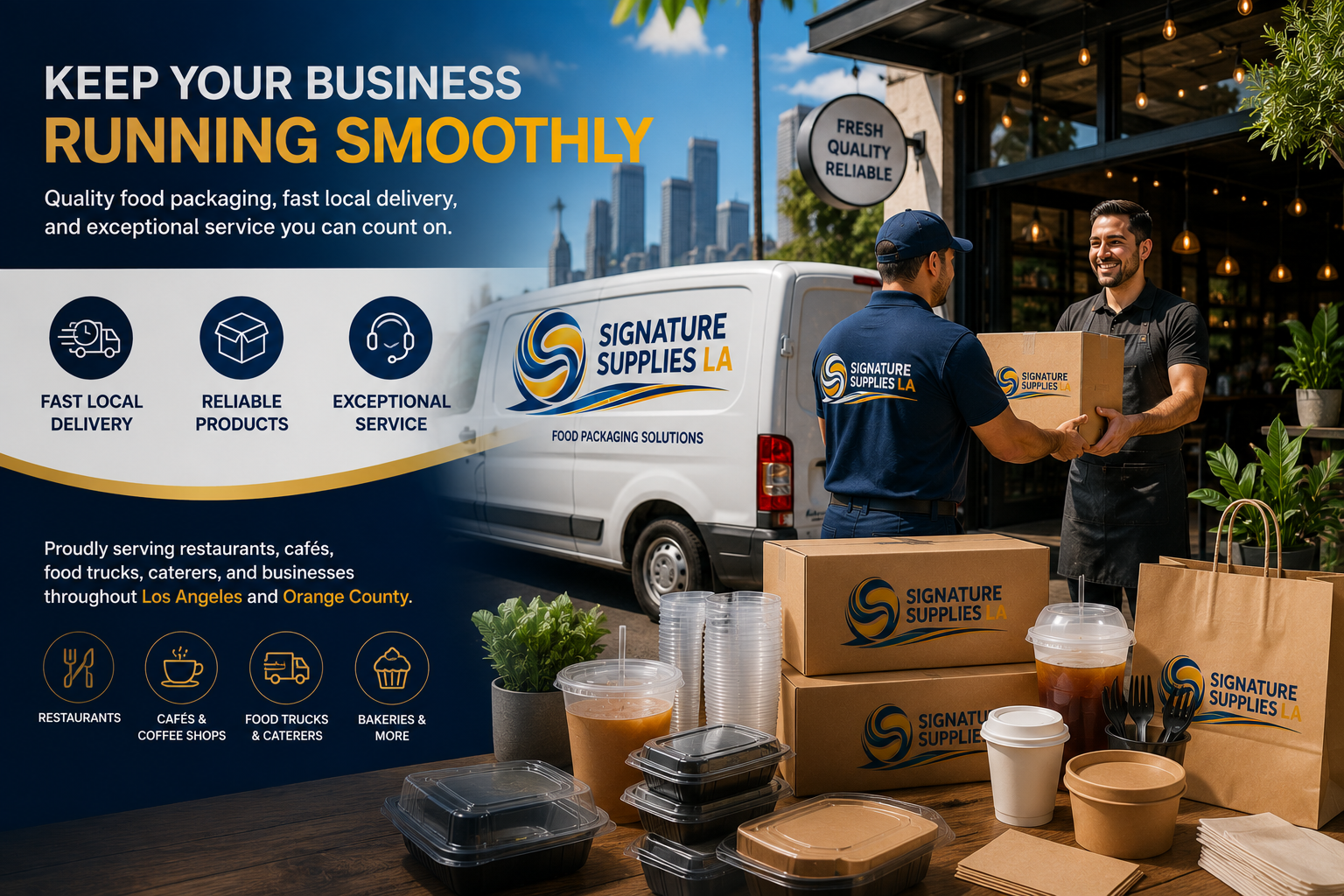 Fast local delivery of premium food packaging products by Signature Supplies LA for restaurants and businesses across Southern California.
