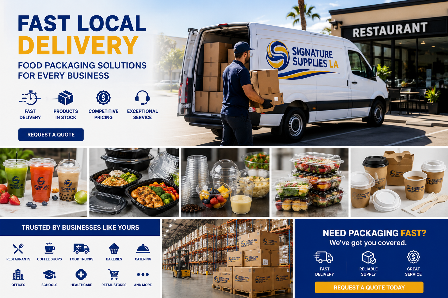 Fast local delivery of food packaging supplies including cups, containers, lids, and disposable food packaging for restaurants, cafés, food trucks, bakeries, retail stores, and businesses across Southern California by Signature Supplies LA.