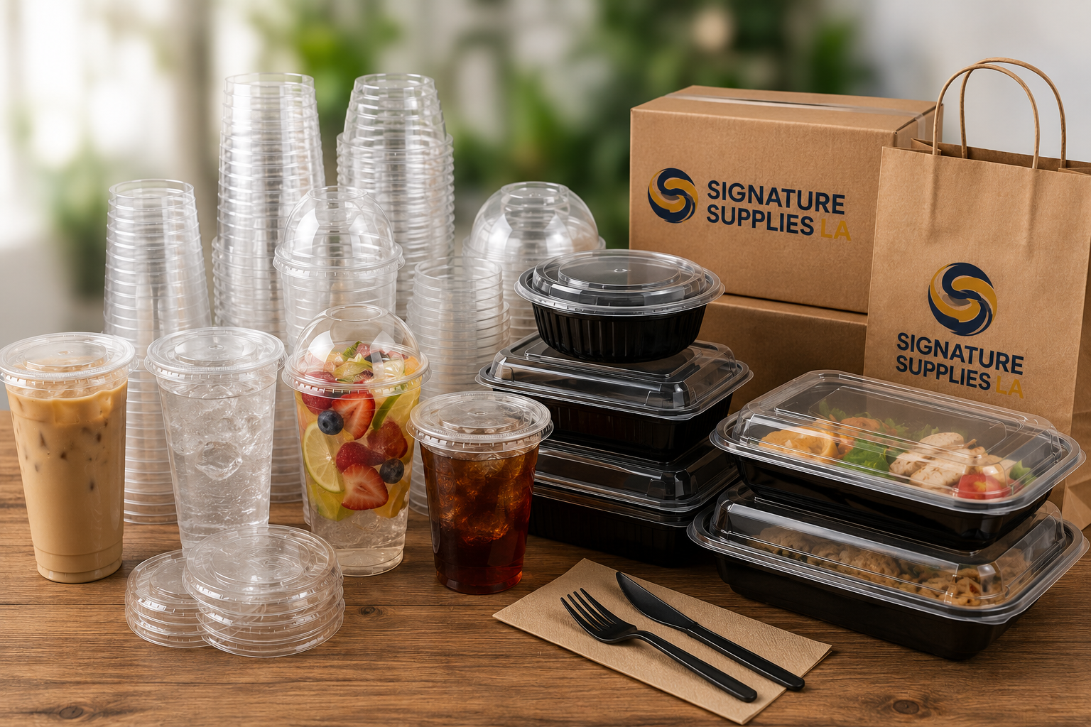 Food packaging supplies including PET cups, lids, takeout containers, deli containers, hinged containers, and disposable packaging by Signature Supplies LA.