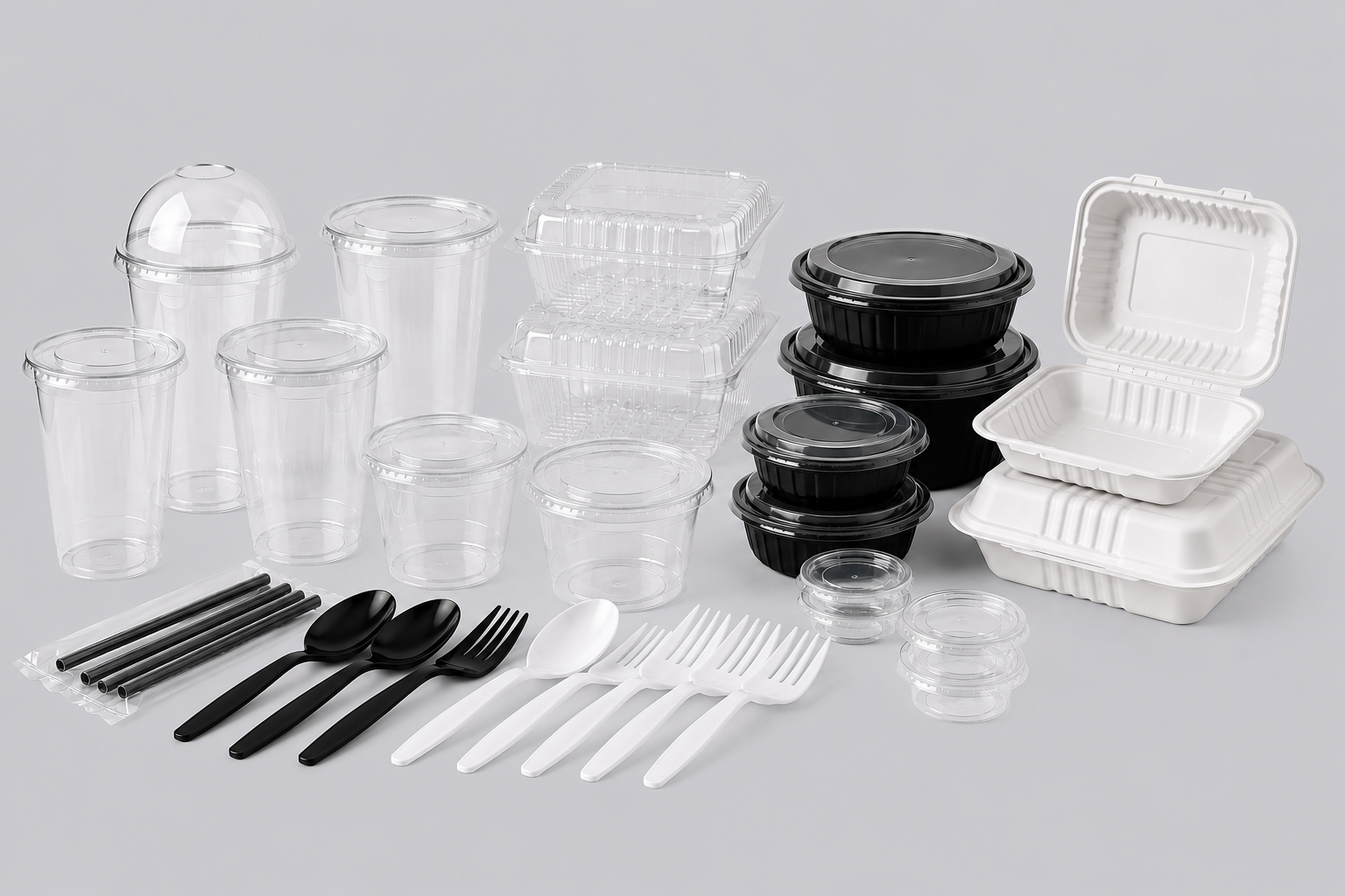 Clear PET cups with flat lids and dome lids for coffee shops, juice bars, and restaurants.