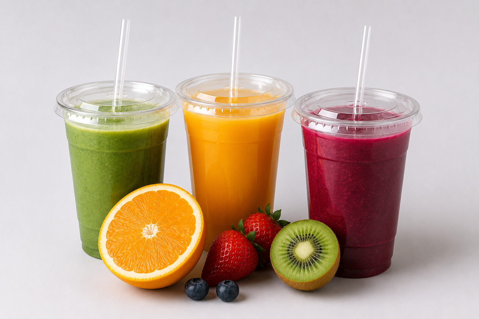 Clear PET cups, dome lids, flat lids, and beverage packaging supplies for juice bars by Signature Supplies LA.