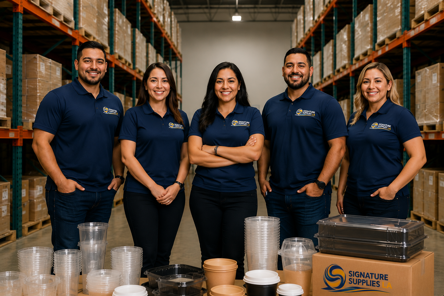 Signature Supplies LA team standing in a warehouse with food packaging products, including clear plastic cups, lids, and takeout containers, ready to provide fast and reliable delivery.