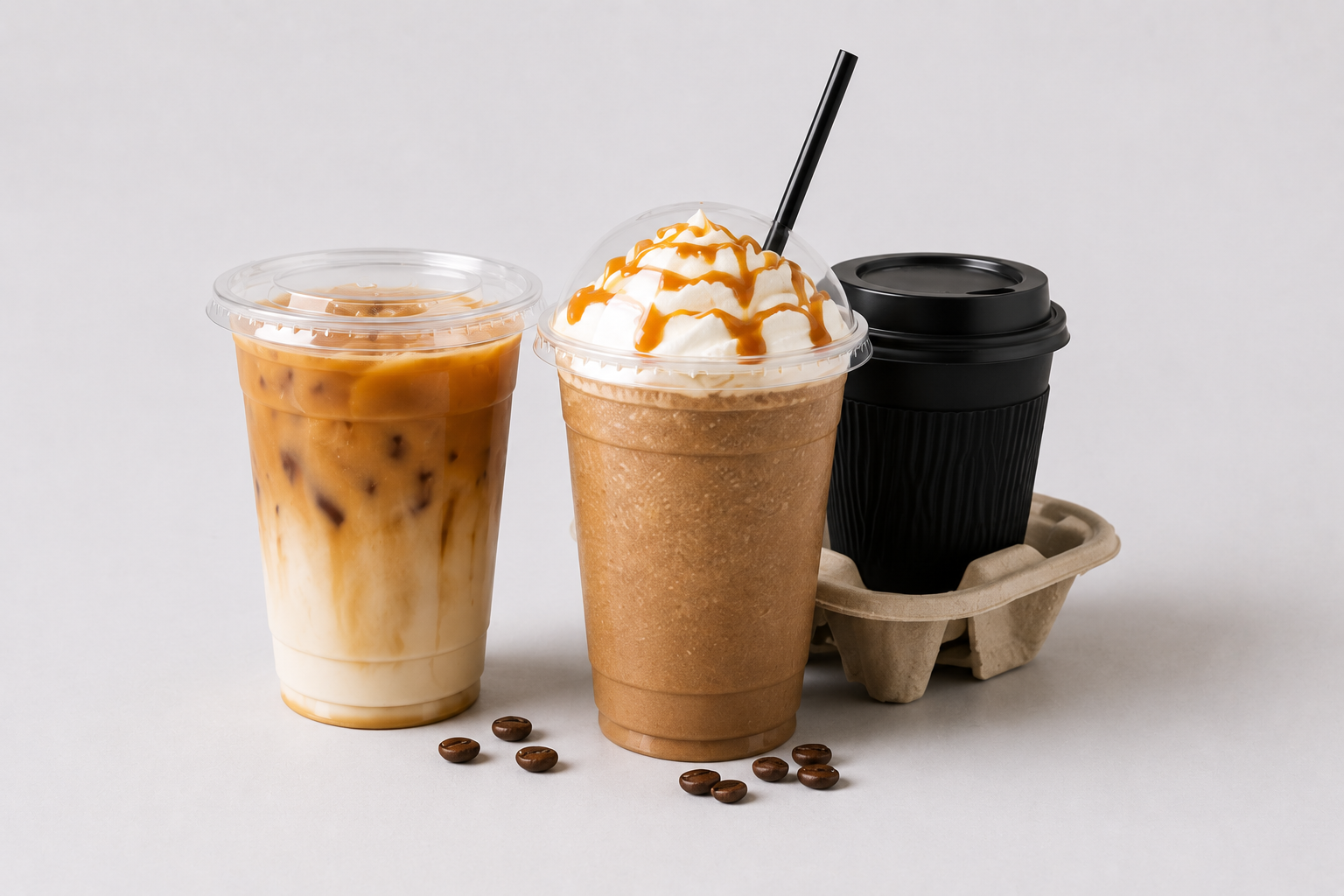 PET cups, coffee cups, lids, and disposable food packaging supplies for coffee shops by Signature Supplies LA.