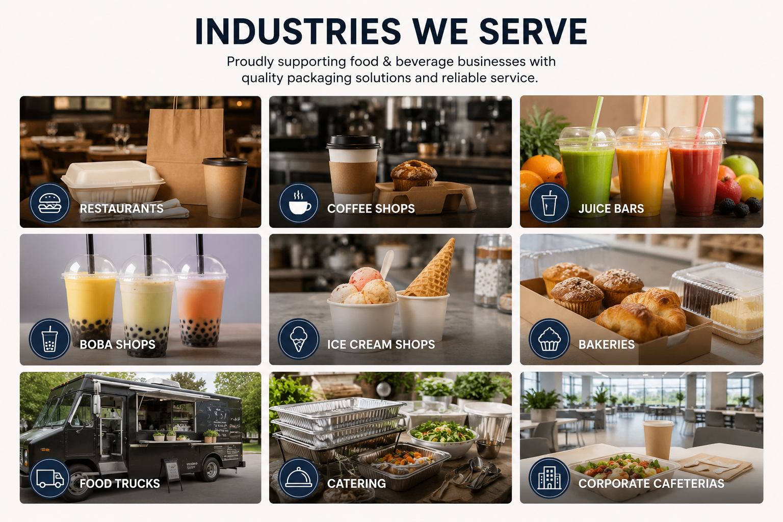 Serving restaurants, cafés, coffee shops, food trucks, caterers, and beverage businesses with quality food packaging solutions.