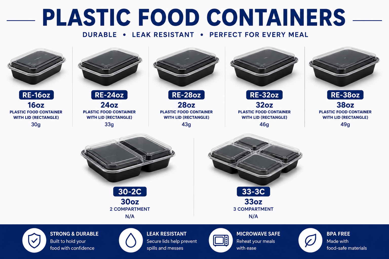 Disposable takeout containers for restaurants, food trucks, catering businesses, and meal prep services.