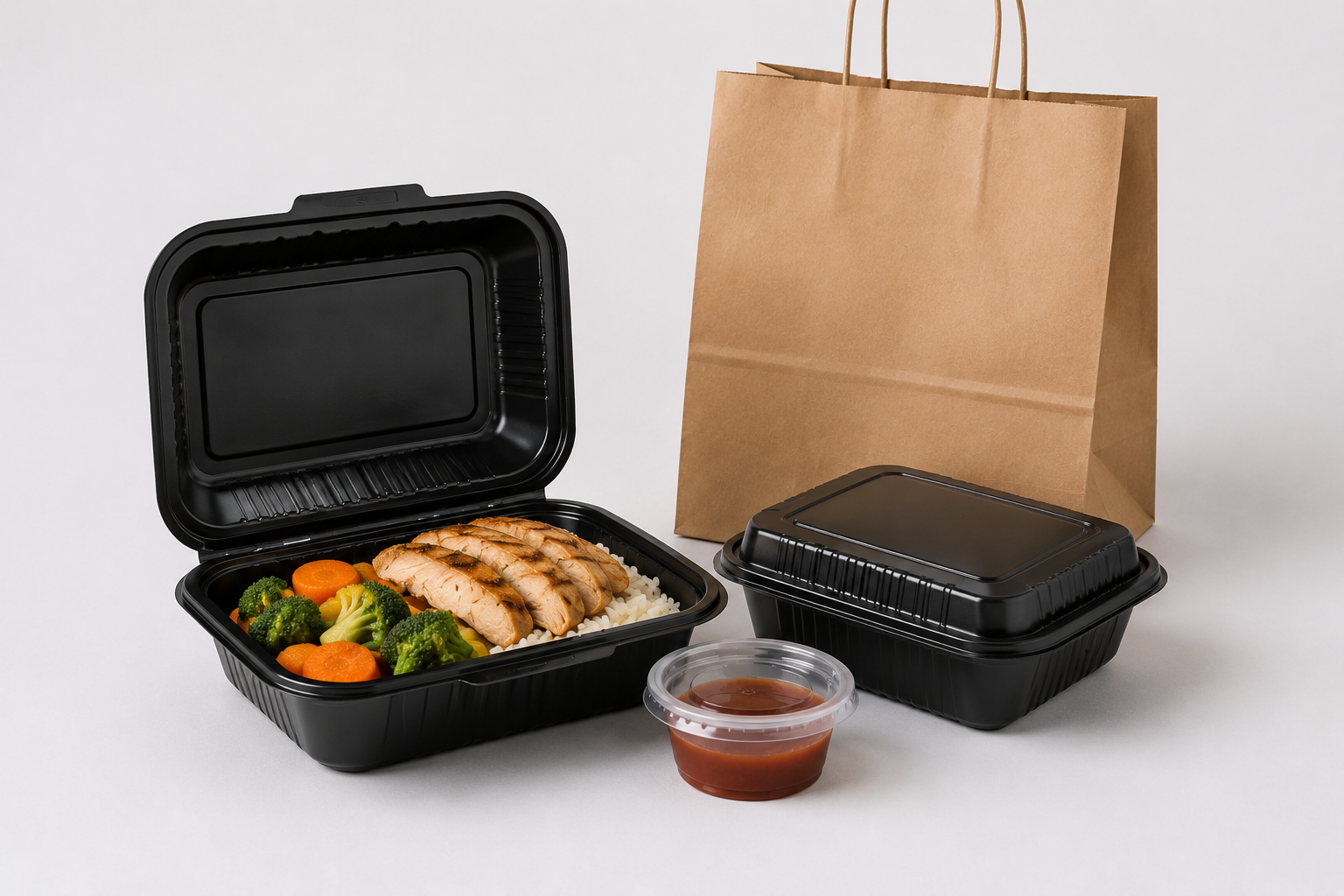 Food packaging supplies including takeout containers, deli containers, PET cups, and lids for restaurants.