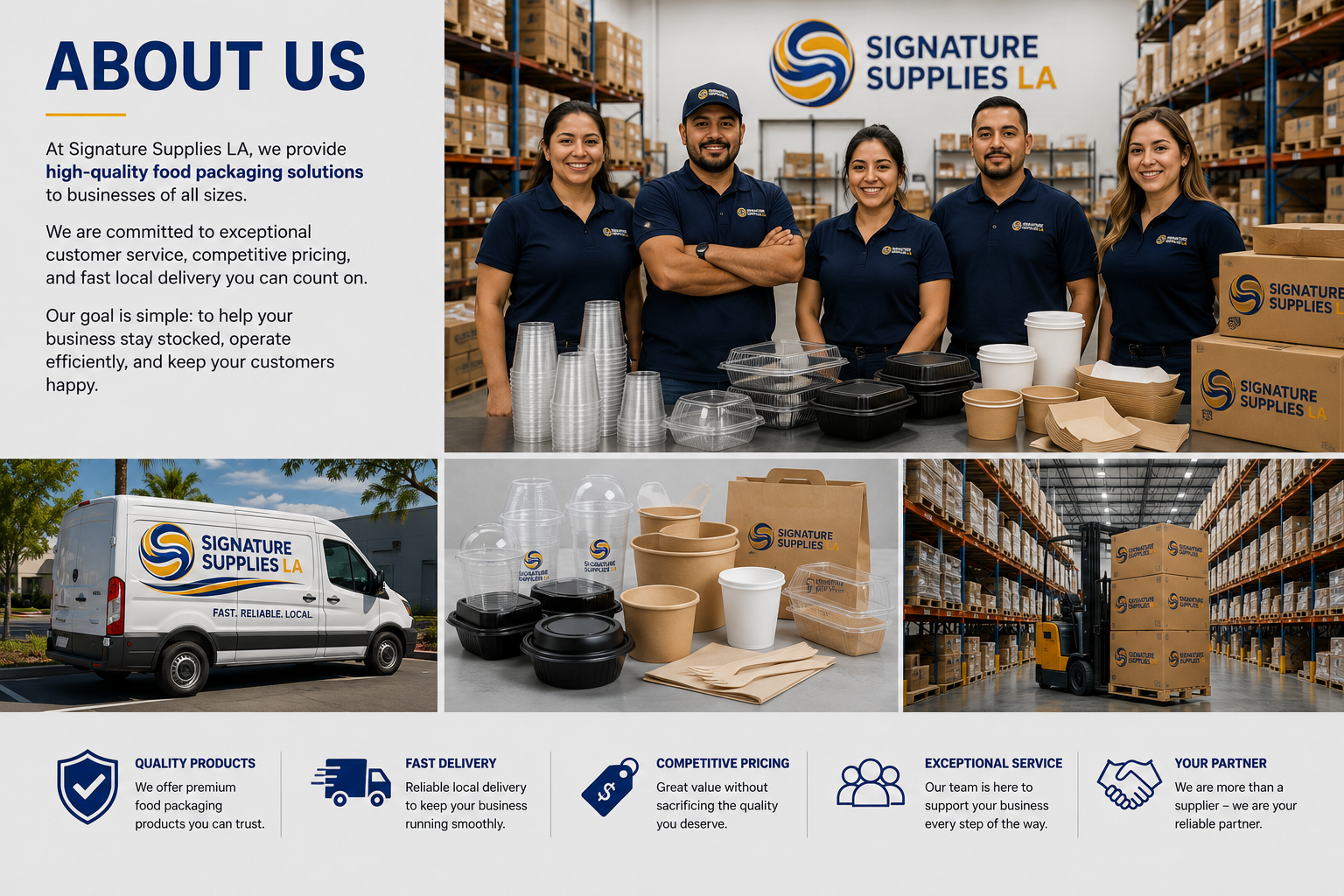Signature Supplies LA warehouse team with food packaging products and delivery services, supplying restaurants, cafés, bakeries, food trucks, retail stores, offices, healthcare facilities, and businesses across Southern California.
