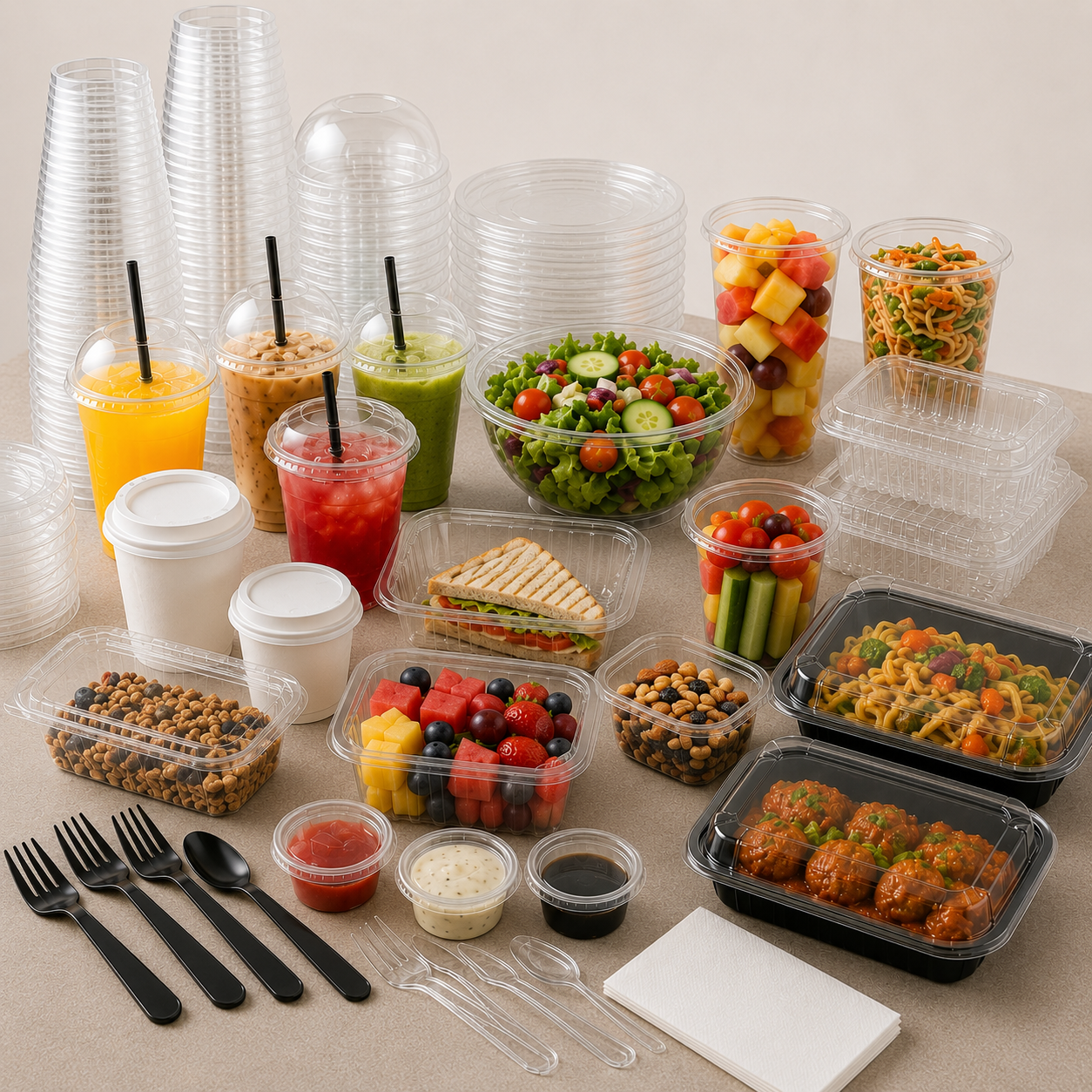 Premium food packaging products including PET cups, deli containers, hinged containers, lids, and disposable packaging supplies.